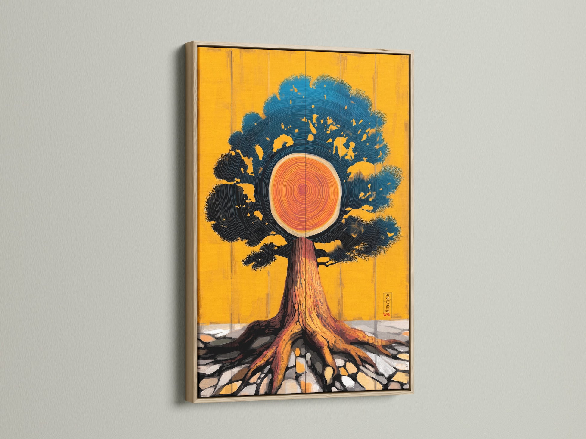 Tree of Life artwork with an oak frame. The artwork showcases a unique abstract tree print. Its sun wall art design brings nature indoors. This modern canvas art is perfect for adding a touch of nature to your space.