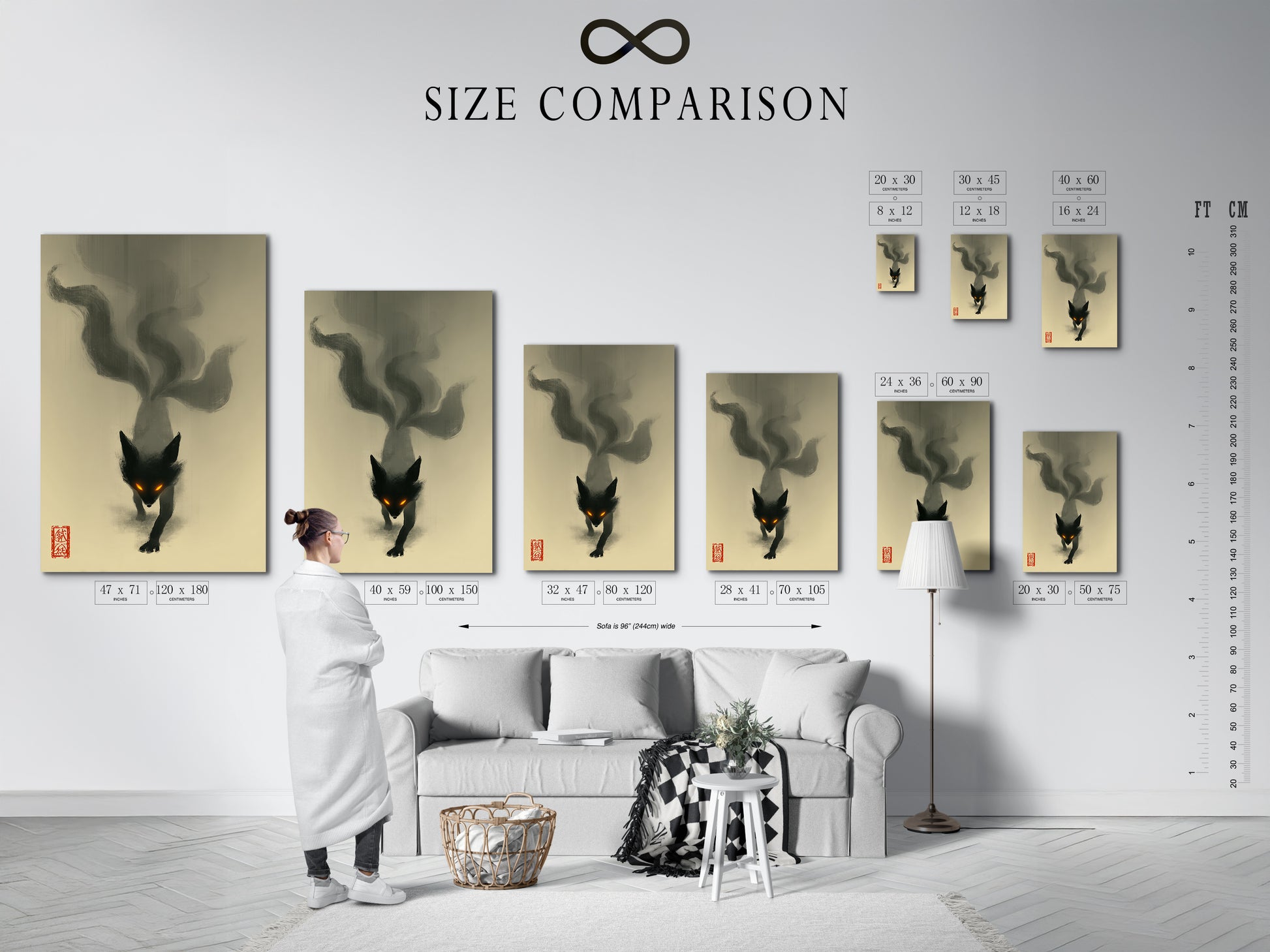 Size comparison chart in an interior setting. See how the mystical fox spirit art fits in various spaces. Choose the perfect size for your living room bedroom or office. Visualize your fantasy wall decor.
