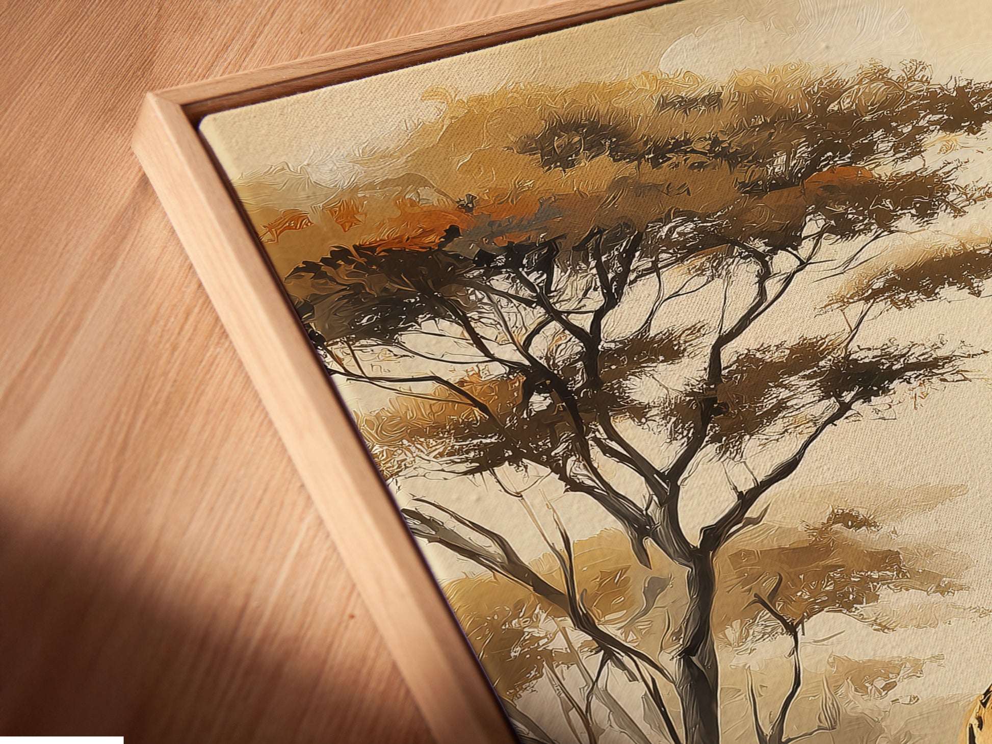 Angled close up of artwork in floating frame. This artwork features a mother and baby giraffe. The floating frame gives the artwork a modern look. A floating frame enhances depth to the artwork. Find the perfect frame to suit your decor style.