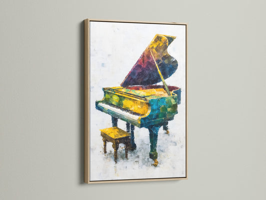 This is a close-up of a colorful piano artwork in an oak frame. The abstract music canvas wall art brings vibrancy to any space. Ideal as music room decor or a gift for musicians. Enhance your home with this grand piano print.