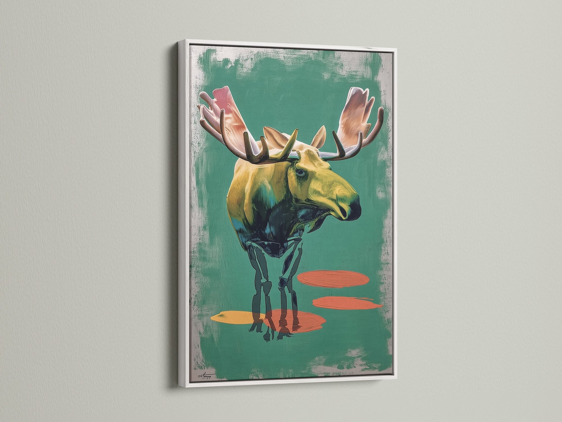 Artwork of a moose in a white frame. The white frame creates a clean and modern look. The artwork is matted and ready to hang. Brighten your walls with a fresh and stylish piece. Elevate your home decor with framed artwork.