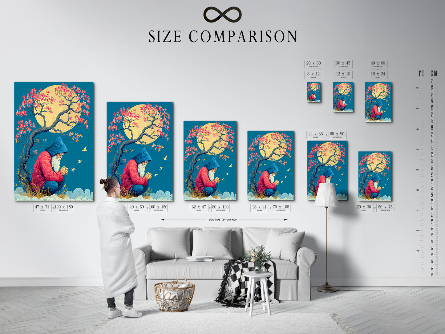 Size comparison chart in an interior setting. The chart displays various sizes for a Wizard Canvas Print. It's mystical tree wall art for meditation room decor. Visualize spiritual magic wall art for zen artwork. This serene art print is calming wall art for any space.