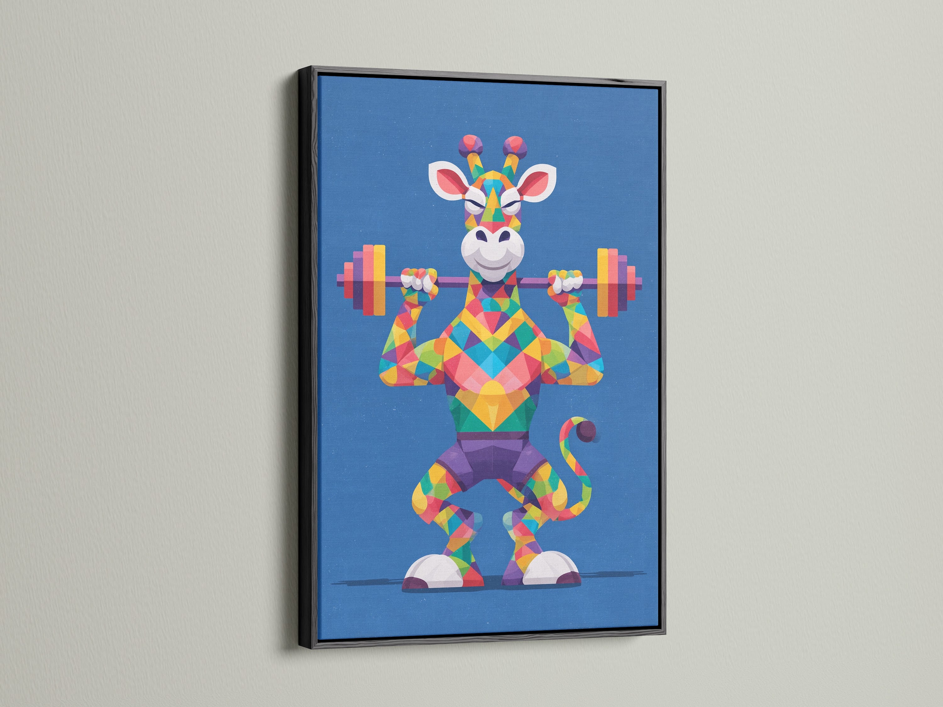 Geometric Giraffe art in a black frame. The artwork displays a colorful giraffe lifting weights. This motivational art is perfect for any fitness room decor. The polygonal print adds a modern touch. The primary color is blue with rainbow accents. Elevate your gym's aesthetic.