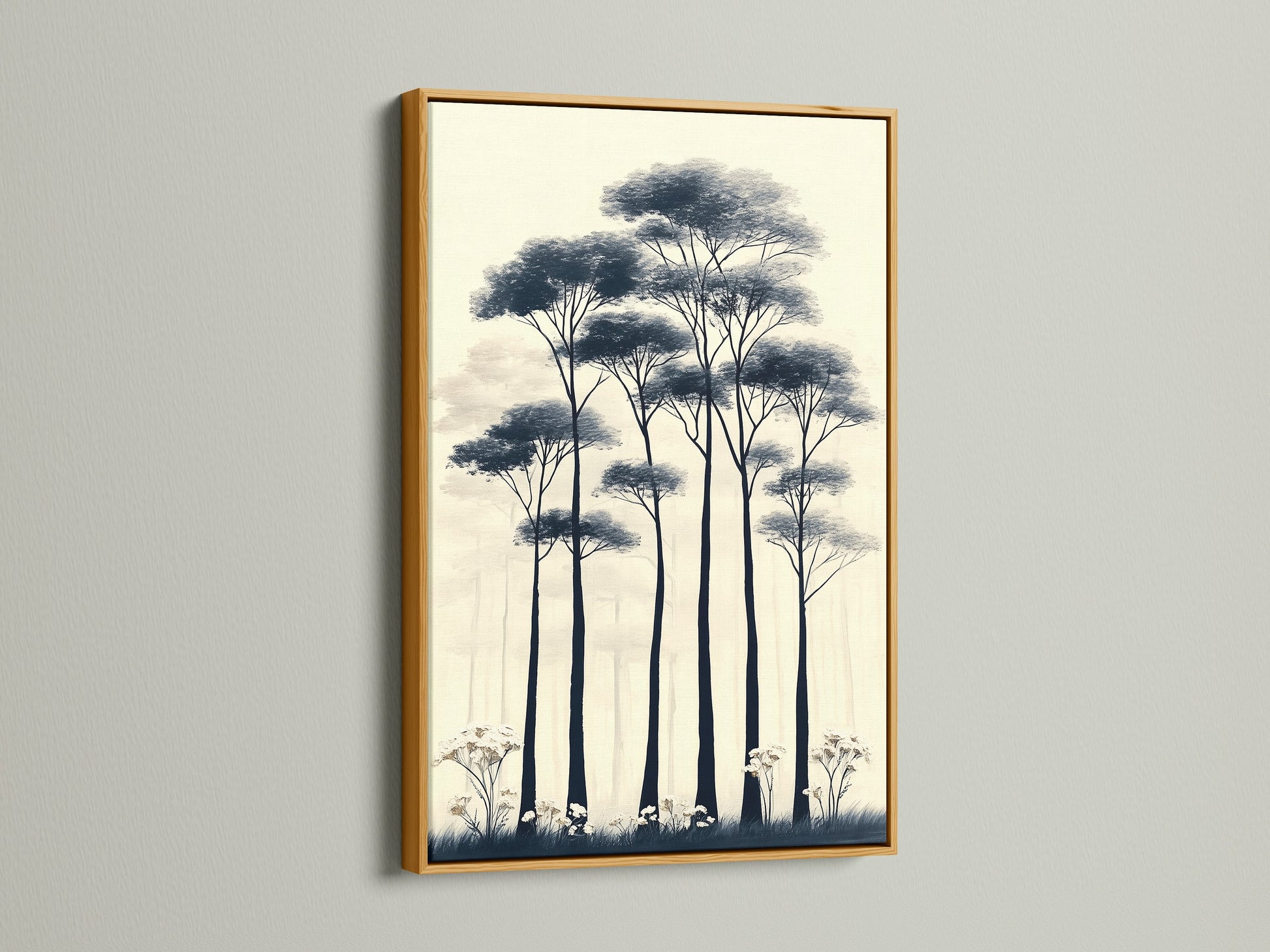 Elevate your decor with forest trees canvas art in a gold frame. This minimalist print features neutral tones and botanical artwork. The gold frame adds a touch of luxury. Perfect for hallway wall art and Scandi decor. Bring a touch of nature and elegance to your space.