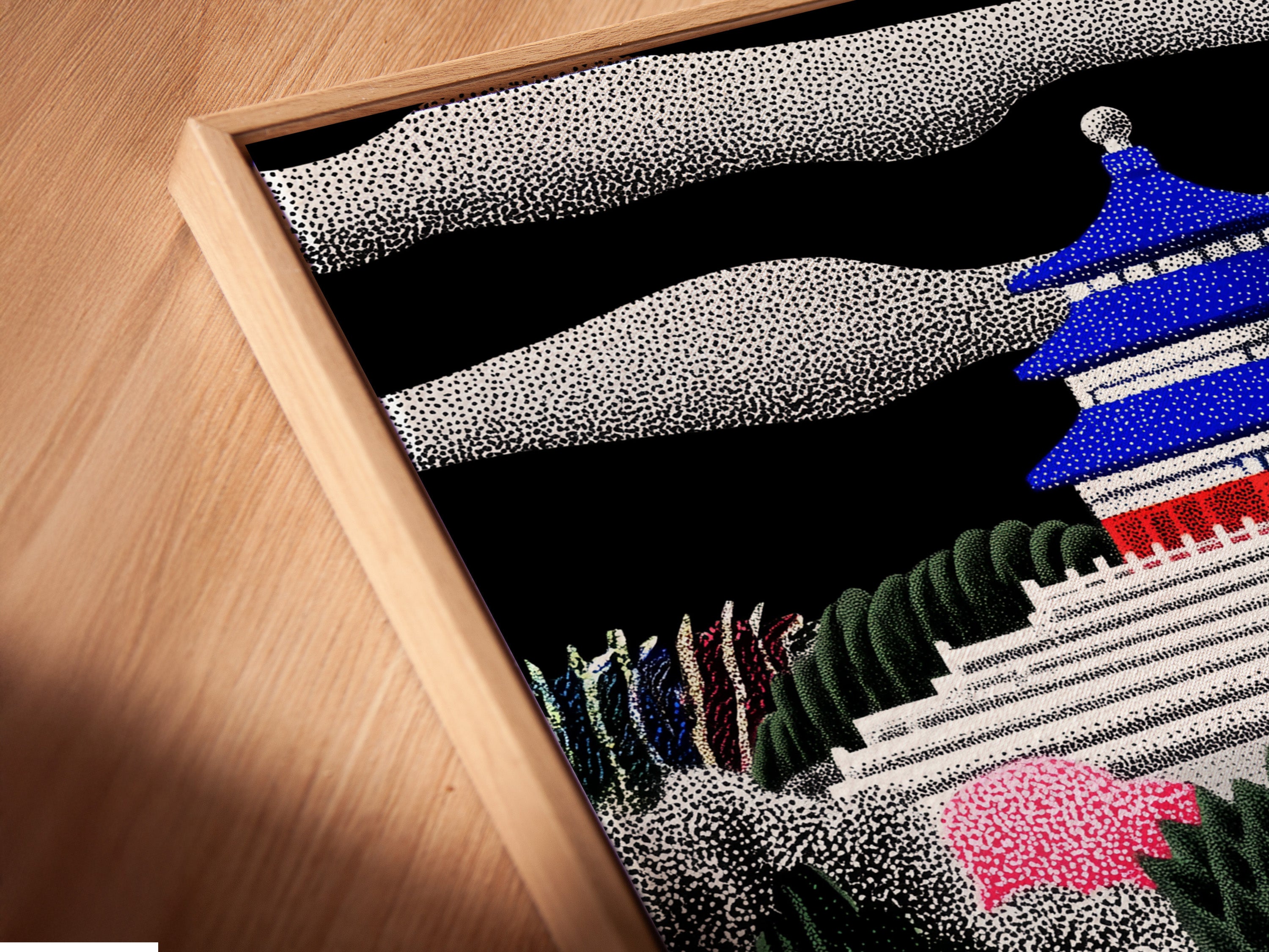 Close-up of a canvas print in a floating frame. The floating frame gives the illusion of art. It is floating off the wall. Modern and sleek this display enhances artwork. A perfect addition to any art gallery. Find the ideal frame to complement your artwork. Display your art today.