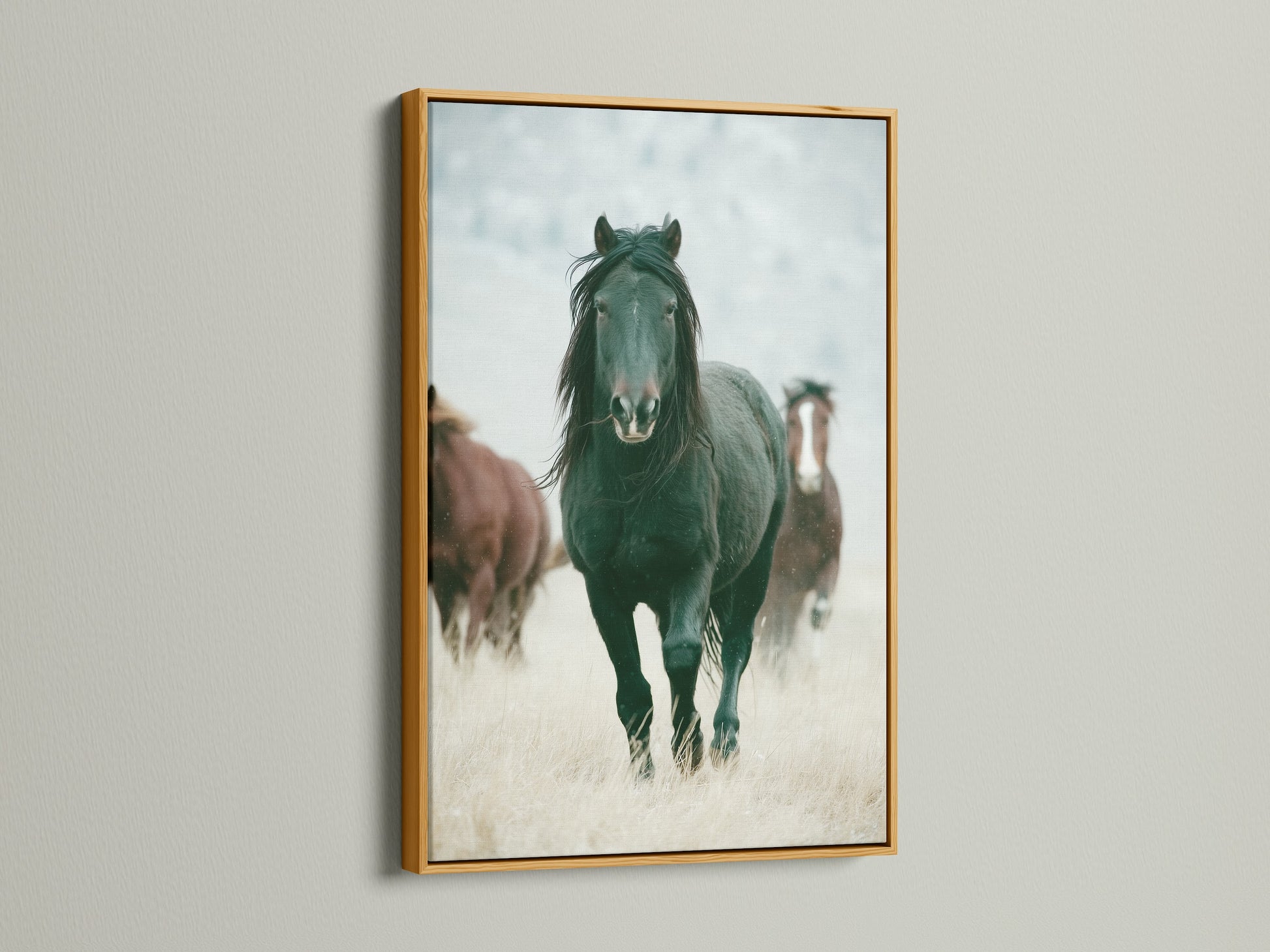 Wild horses artwork in a gold frame. This rustic artwork adds a touch of the Wild West to any room. Perfect for living rooms bedrooms or offices seeking a country or farmhouse style. This artwork is great for ranchers or anyone that appreciates wildlife art. Gold frames add elegance to any room.