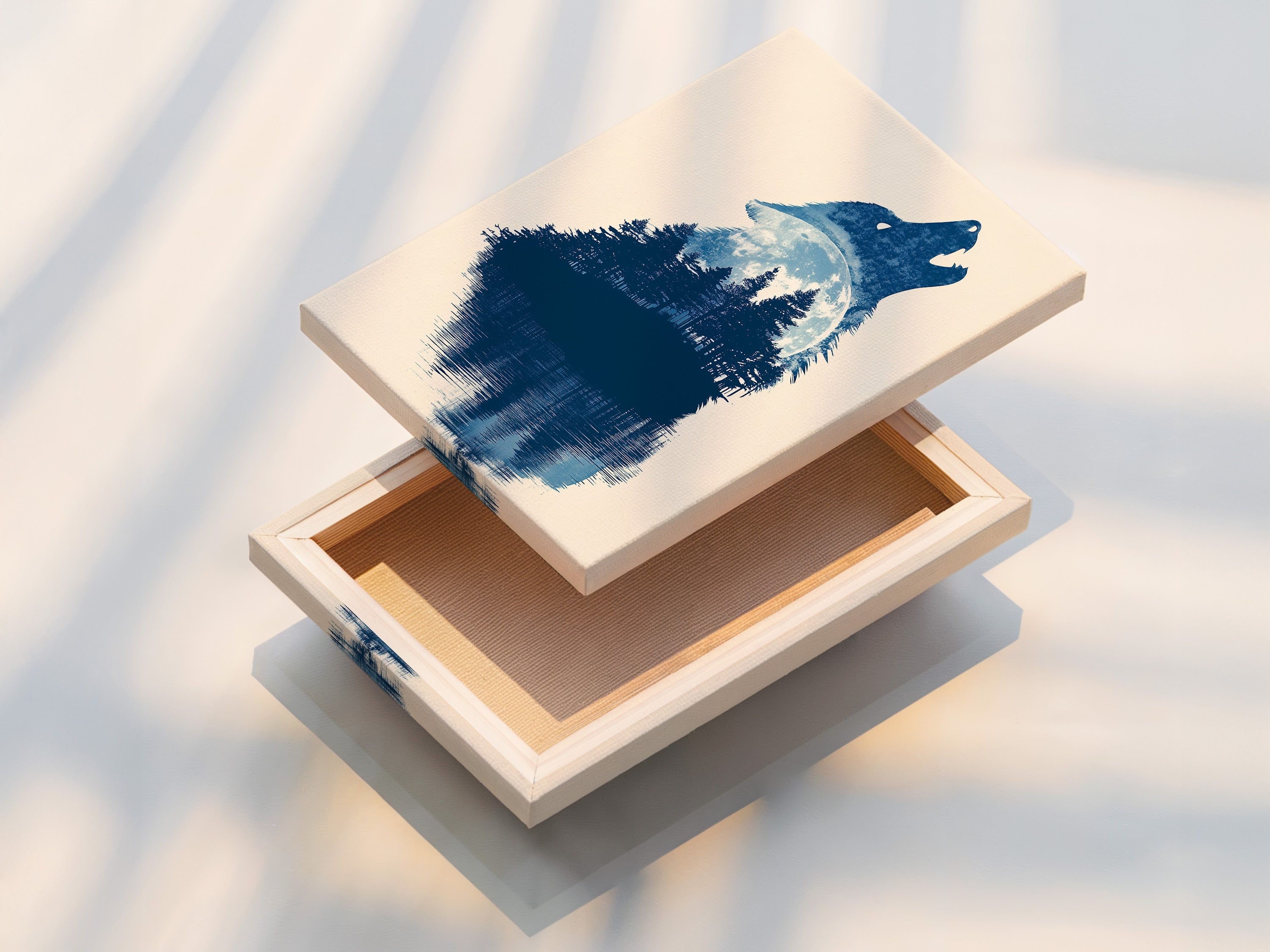 A stretched canvas print displays a wolf silhouette artwork. This artwork features a howling wolf in a forest with a moon. The artwork is reflected in the water below. Ideal for woodland decor.