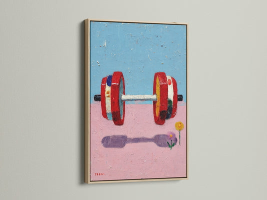 A close up of a fitness art print with a dumbbell motif. The artwork is framed in a light oak frame. This gym wall decor is perfect for adding a touch of contemporary style to your workout space. The abstract design features pink and blue hues. It is ideal for home gym or fitness studio.