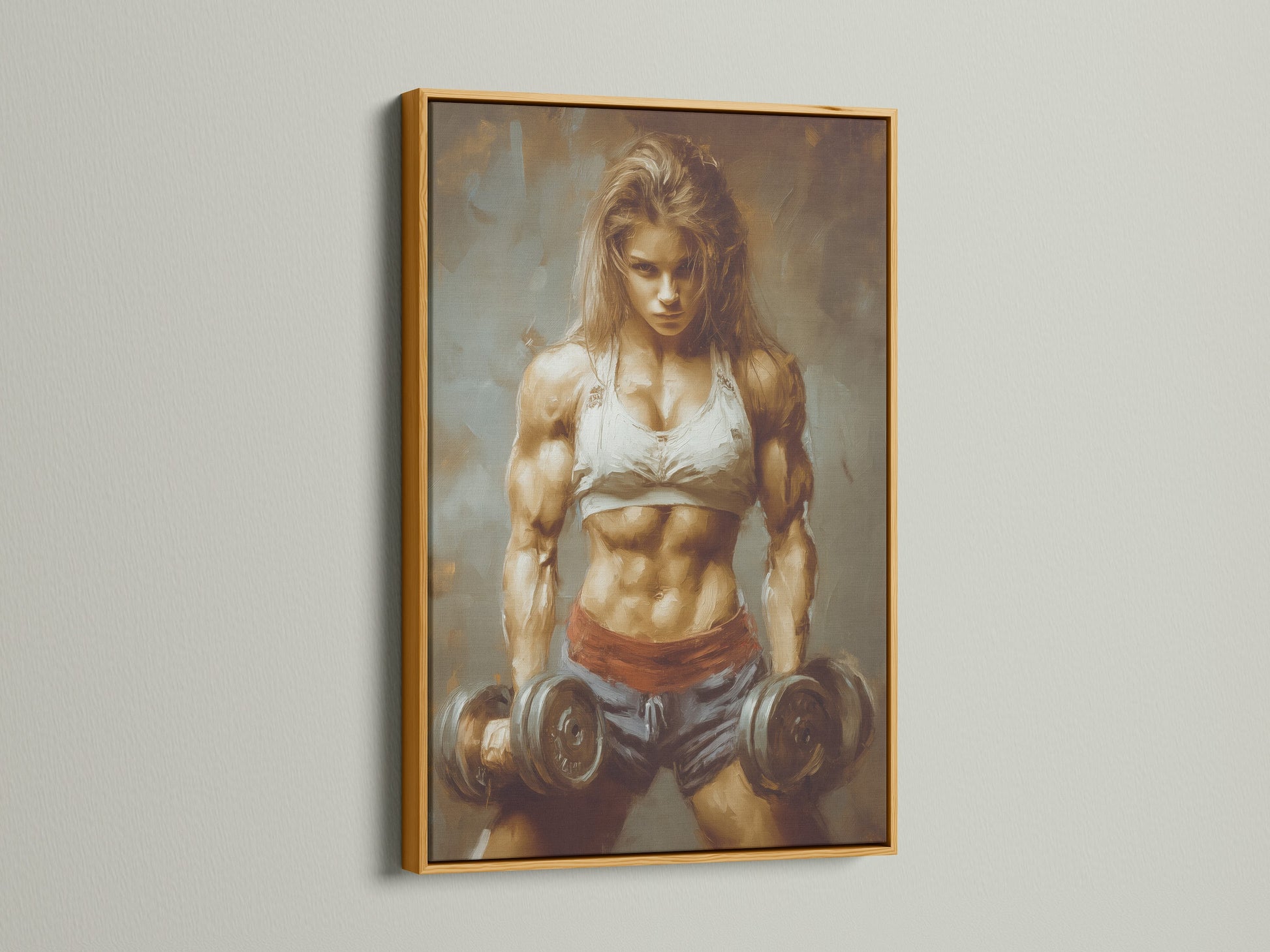Gold frame artwork of a strong woman canvas print. Fitness motivation for your home gym decor. See the female bodybuilder artwork. Perfect for gym wall decor. Enhance your workout space with this art.