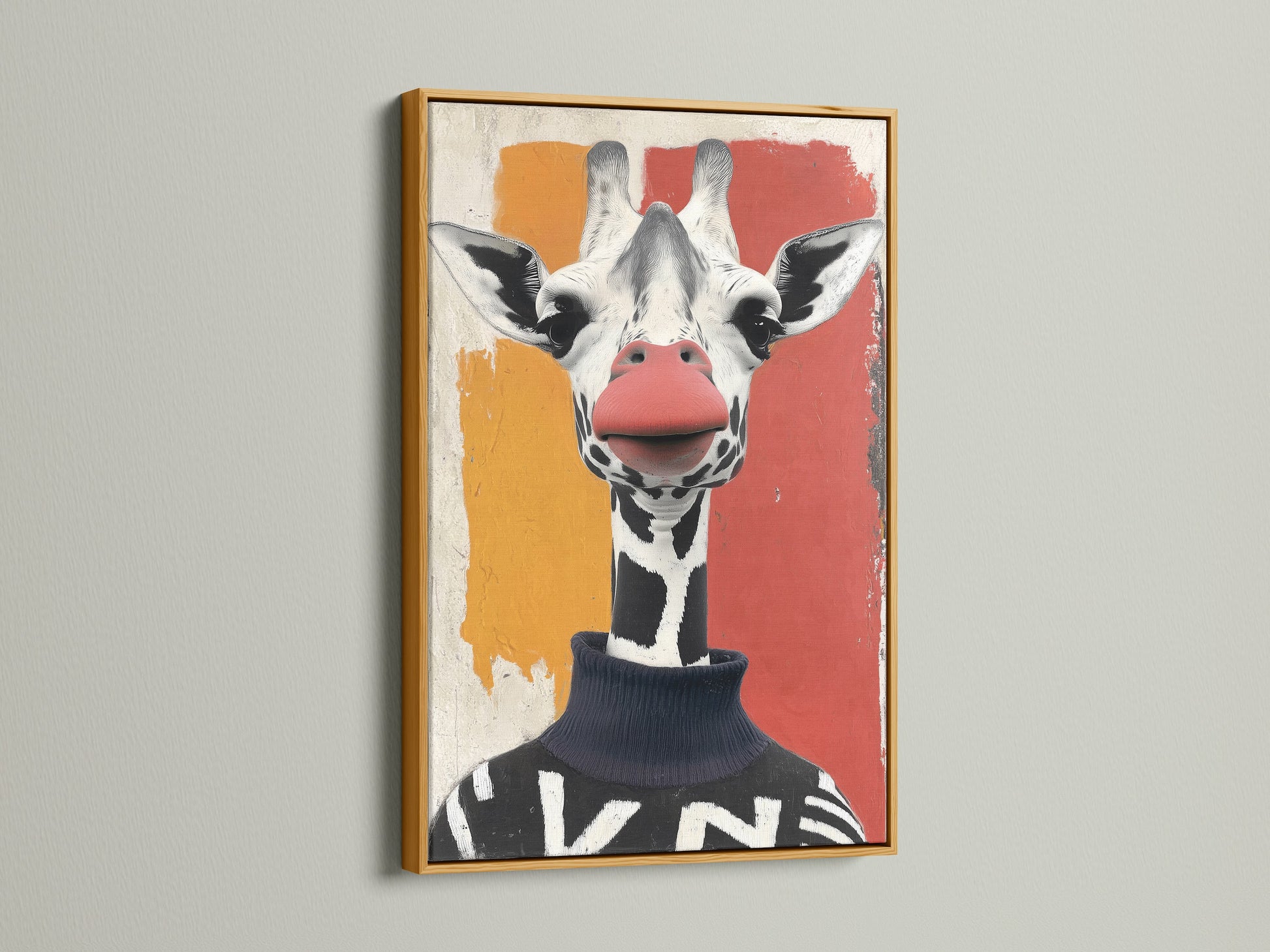 The Giraffe Portrait canvas art is displayed in a gold frame. This quirky wildlife art features a coral orange background. This modern animal art piece brings charm to nurseries. It is great for playrooms or any space needing a touch of humor. The animal canvas print is great for kids rooms.