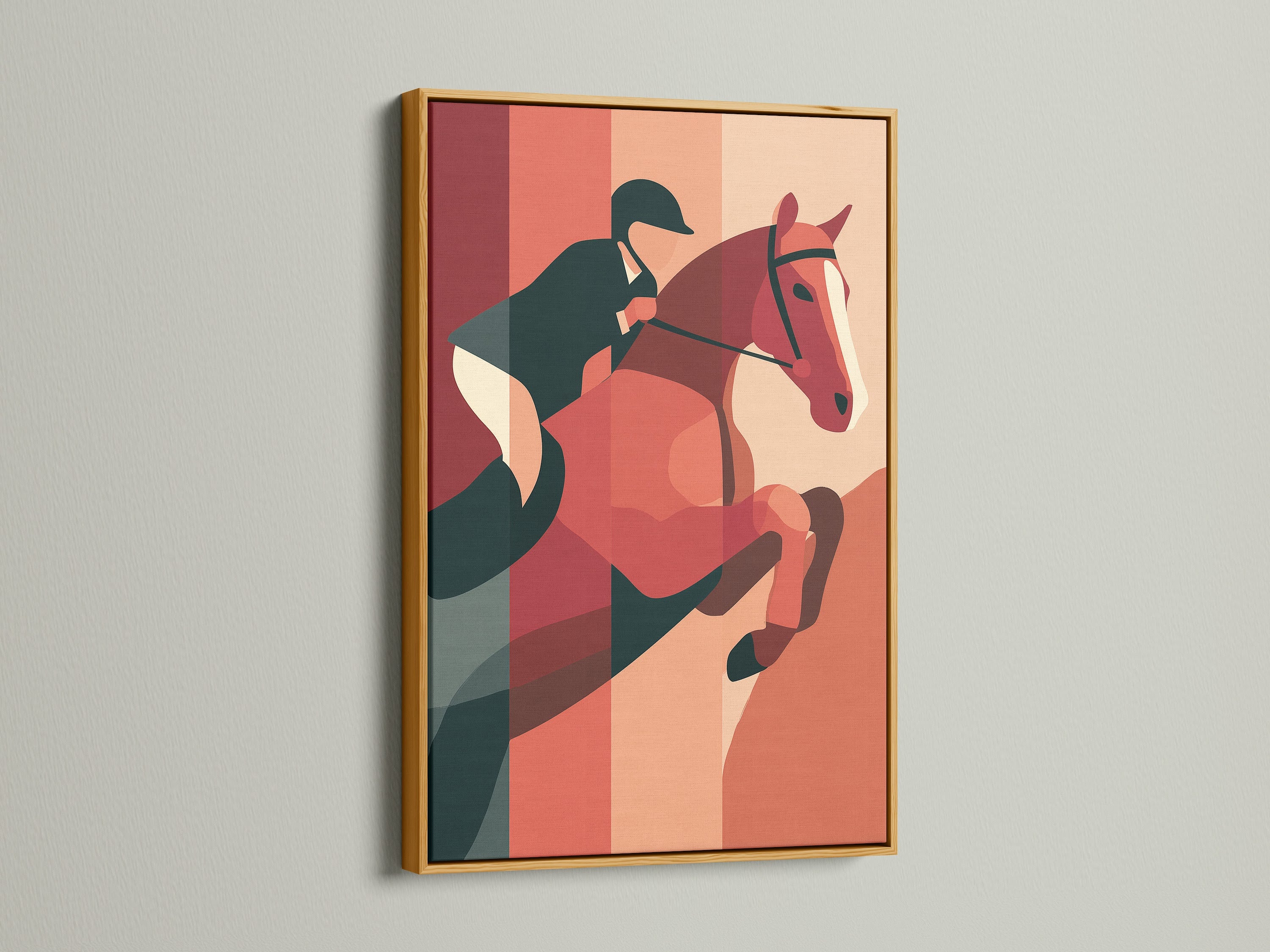 Artwork of a horse and rider in a gold frame. The golden frame enhances the artwork's visual appeal. The horse and rider artwork adds a touch of sophistication. Add a touch of luxury to your home.