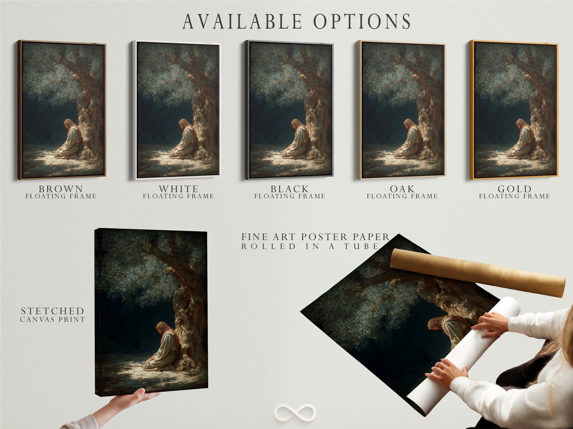 Various available options are showcased. It includes a stretched canvas print. It also includes fine art poster paper. And it includes a floating frame. This gives you a variety of choices. Customize your art to your preference.
