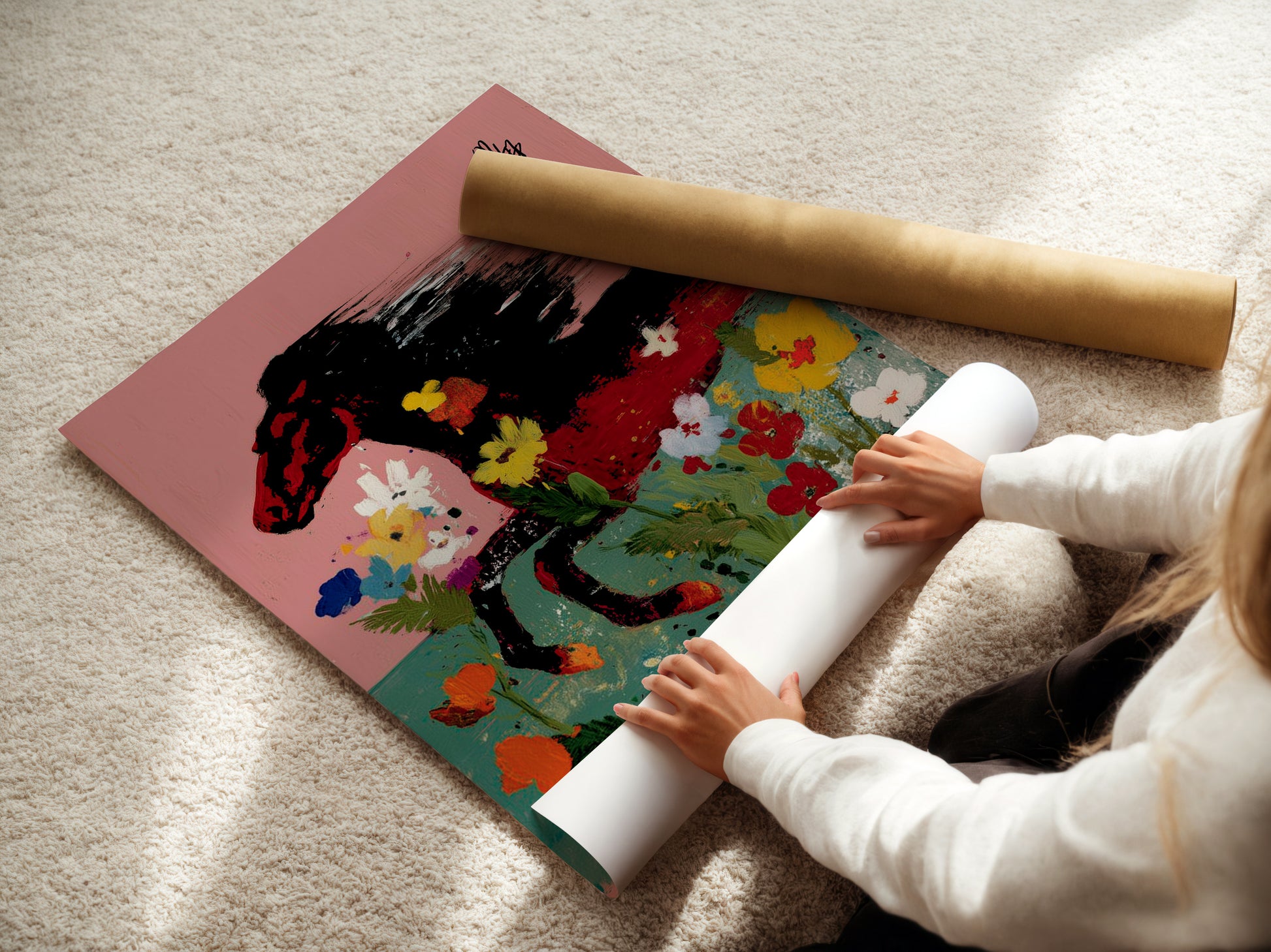 A woman is carefully rolling a fine art poster paper featuring a Wild Horse Canvas Art print. This floral abstract animal print is perfect for adding a touch of equestrian elegance to your walls. Ideal for those seeking unique and captivating wall decor.