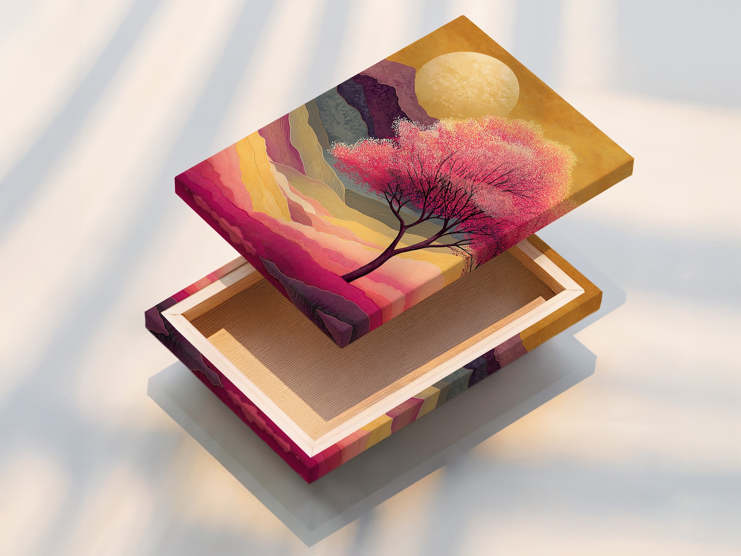 This is a stretched canvas print of the Japanese Cherry Blossom artwork. The artwork features a pink sunset mountain landscape. It provides zen wall decor for any bedroom. The stretched canvas offers a gallery-ready appearance.