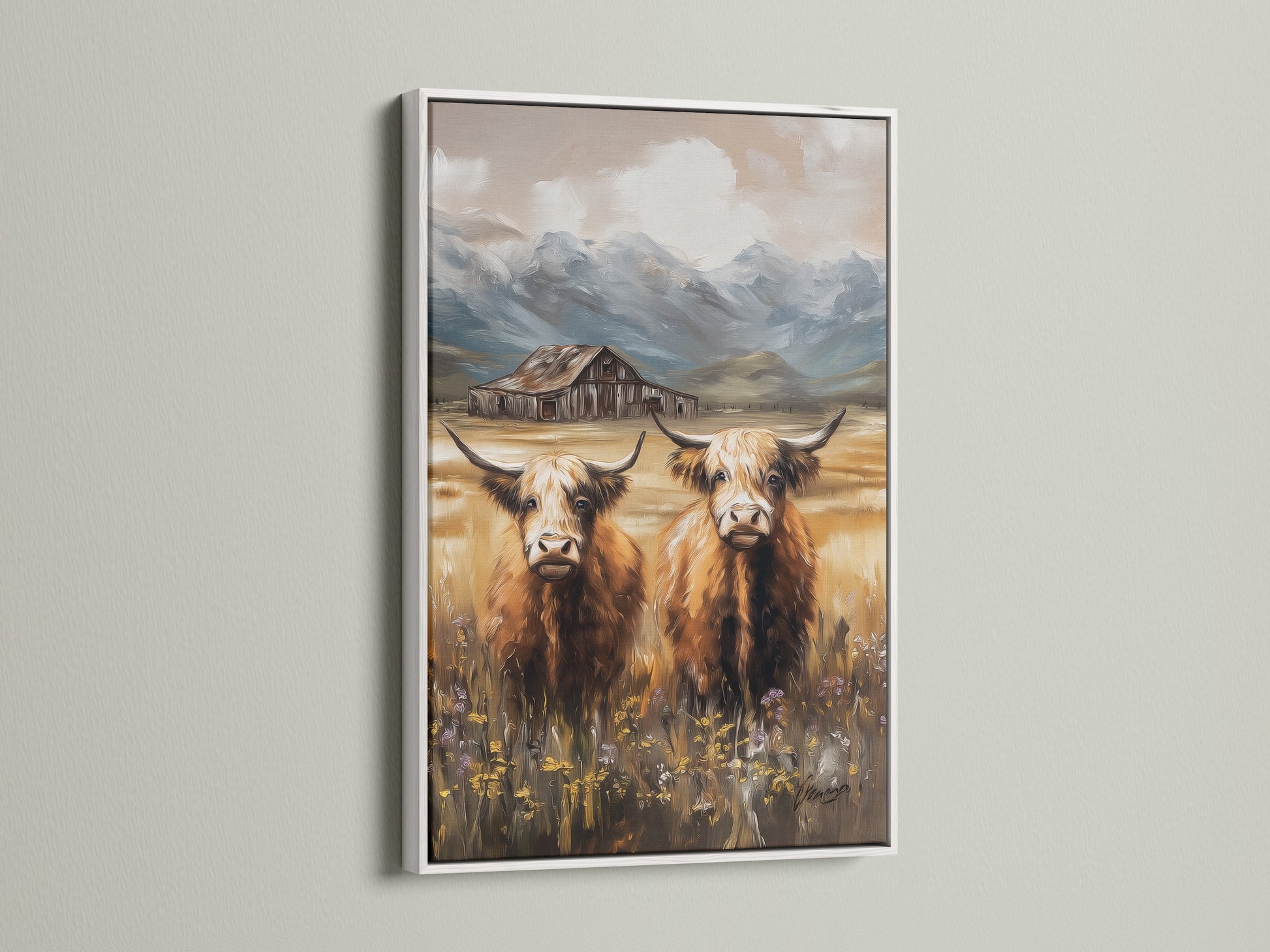 Farm animal artwork featuring a highland cow in a white frame. This canvas print enhances farmhouse decor with its rustic charm. Ideal for creating a cozy country home atmosphere.