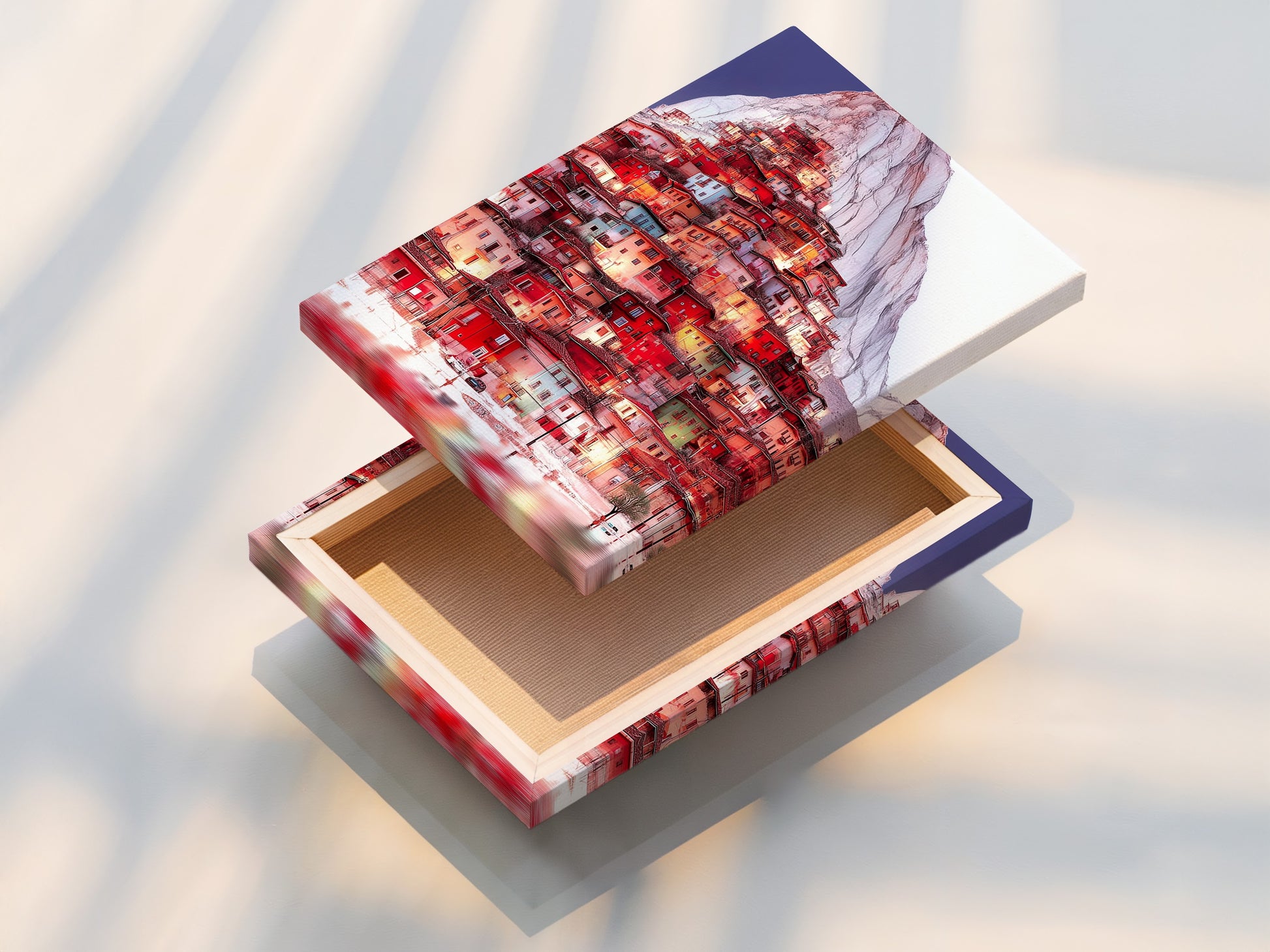 A stretched canvas print of the Mountain Village artwork is ready to hang. This mountain canvas brings European charm to your home. Perfect for living room wall art or office wall art.