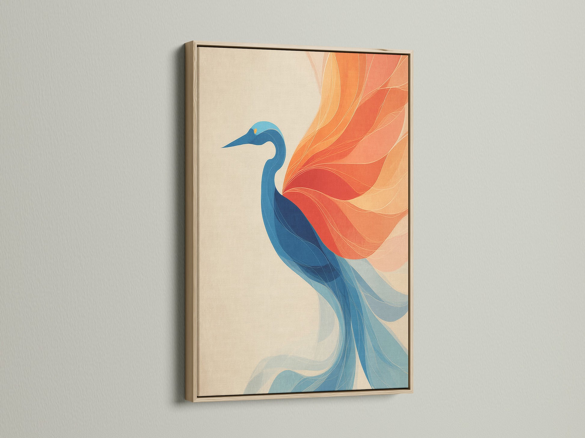 The crane artwork is showcased in an oak frame. This bird canvas print adds a touch of nature to any space. The teal wall art and coral artwork create a calming atmosphere. Perfect for living room wall art or office art.