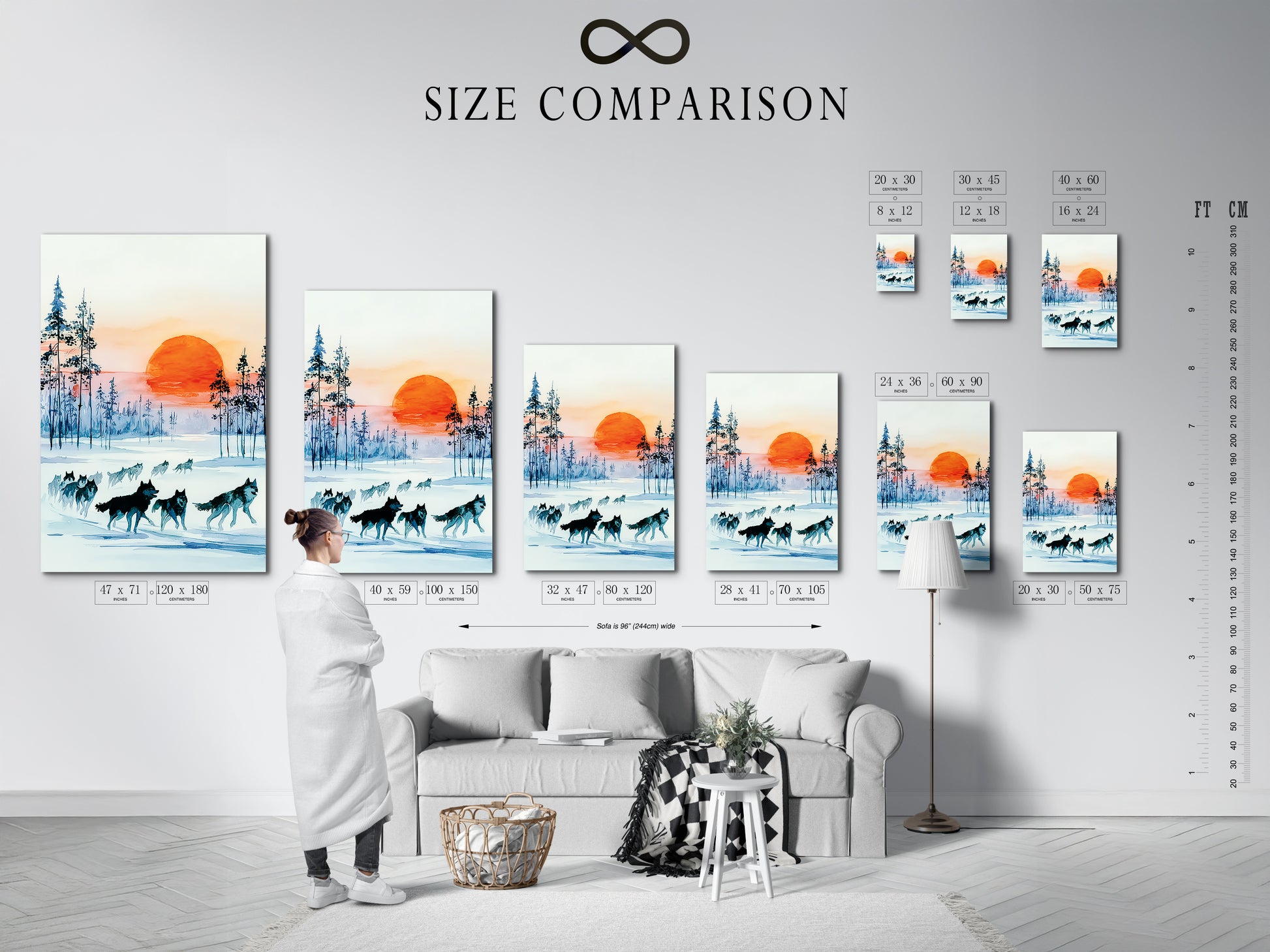 A size comparison chart is shown in an interior setting. It showcases the wolf art winter forest print. Understand dimensions for perfect cabin wall decor. Teal blue landscape fits any room style.