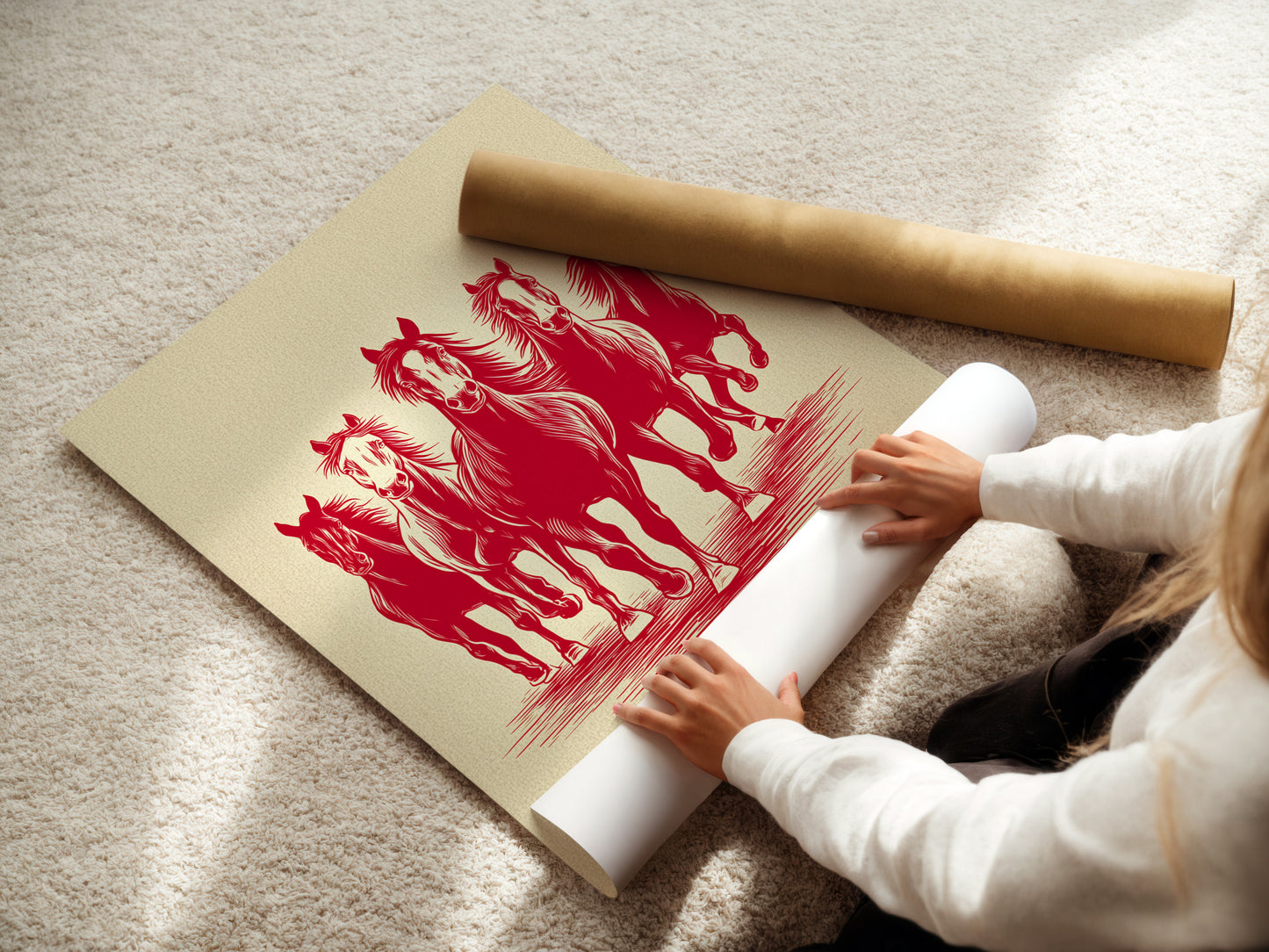 A woman is carefully rolling a fine art poster paper. The poster paper is high quality. It ensures the artwork looks its best. The rolling protects it from damage during shipping. Order your prints today.