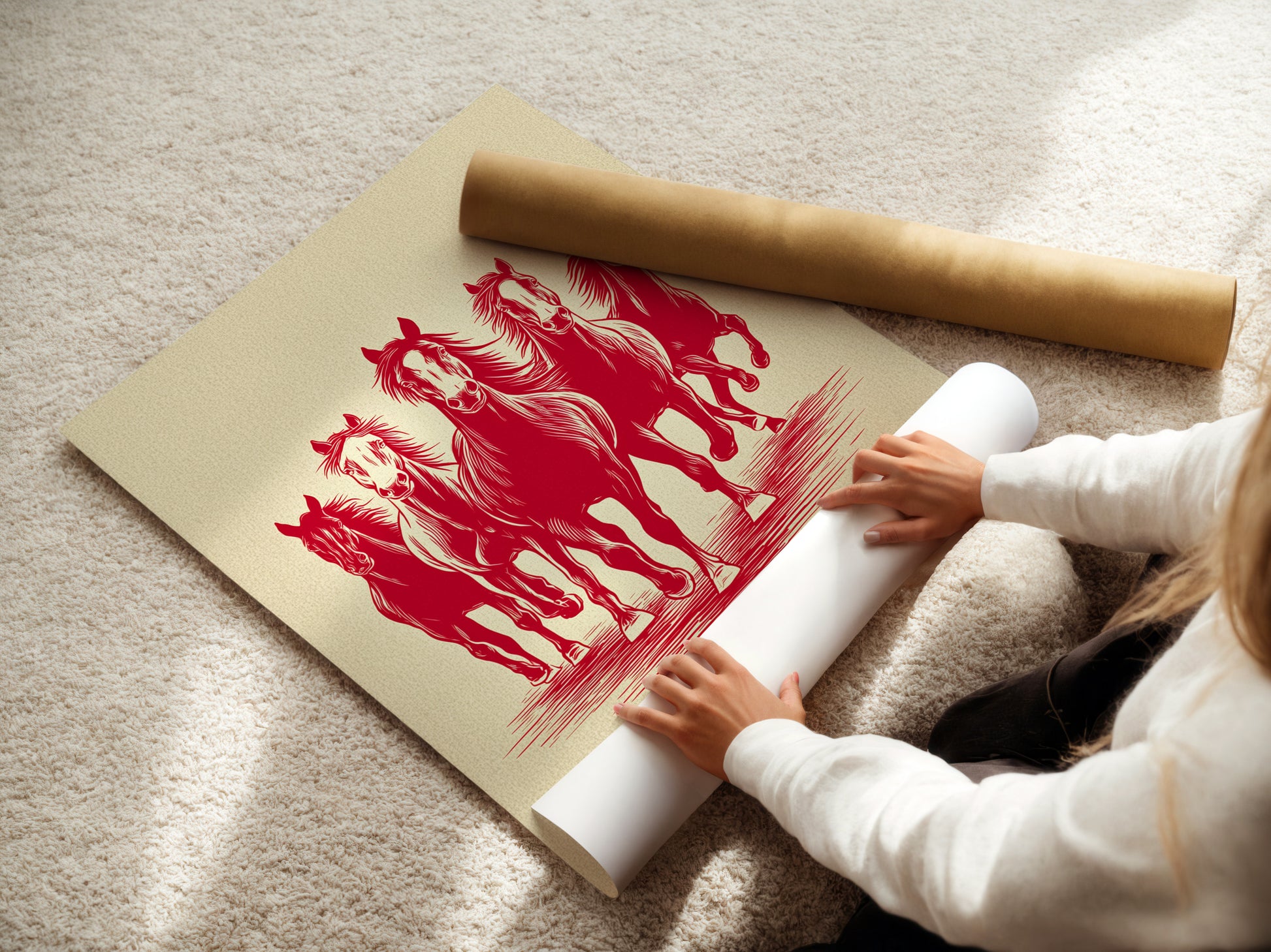 A woman is carefully rolling a fine art poster paper. The poster paper is high quality. It ensures the artwork looks its best. The rolling protects it from damage during shipping. Order your prints today.