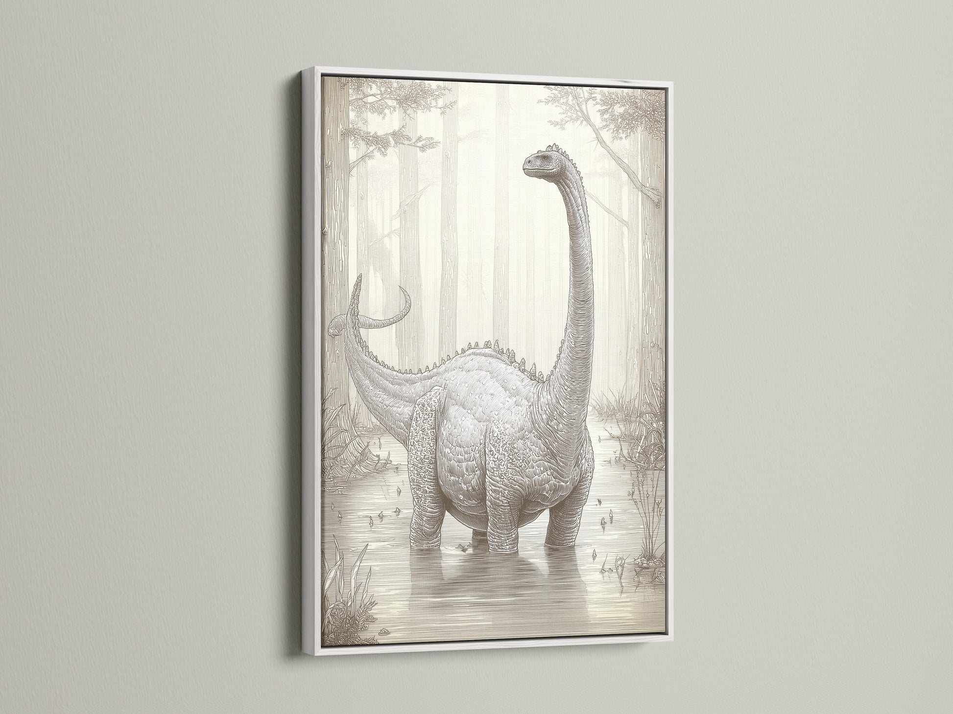 A white frame surrounds the dinosaur artwork. The white frame offers a clean modern look. It makes the artwork pop on the wall. A versatile choice for any home decor style.
