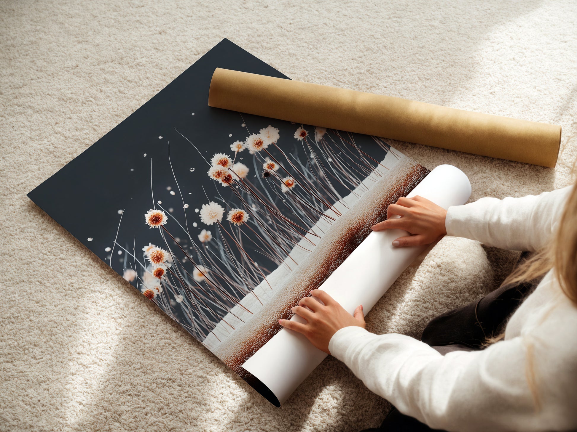 A woman is carefully rolling a fine art poster paper. The paper is high quality and archival grade. Fine art posters are a great way to collect art. Preserve your art for generations.
