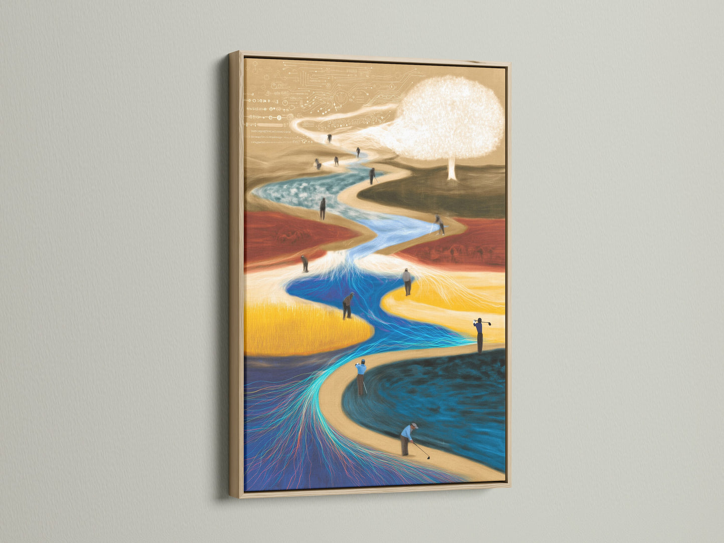Surreal landscape canvas print with an oak frame. This abstract dreamscape wall art enhances office wall decor. It is a contemporary flowing art piece. Perfect for modern home decor with its artistic flair.