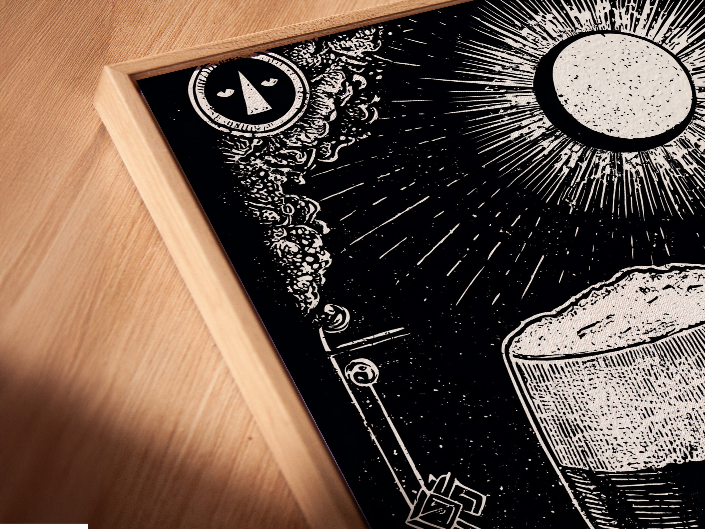 Angled close up of a canvas print in a floating frame. The artwork features two glasses of dark beer under a moon. The floating frame gives a modern gallery look. Ideal for showcasing your art collection with elegance.