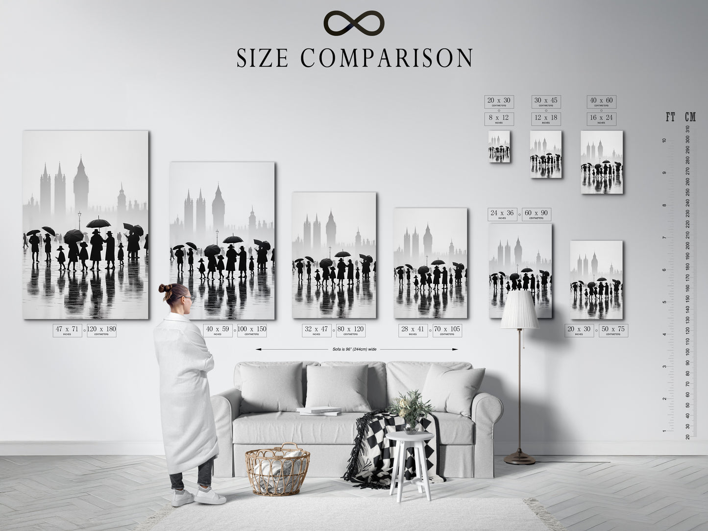 Compare sizes with our helpful chart in an interior setting. Find the perfect fit for your London canvas print. Visualize how our black and white cityscape art will look. Choose the right dimensions for your office wall art. Make an informed decision for your minimalist decor.