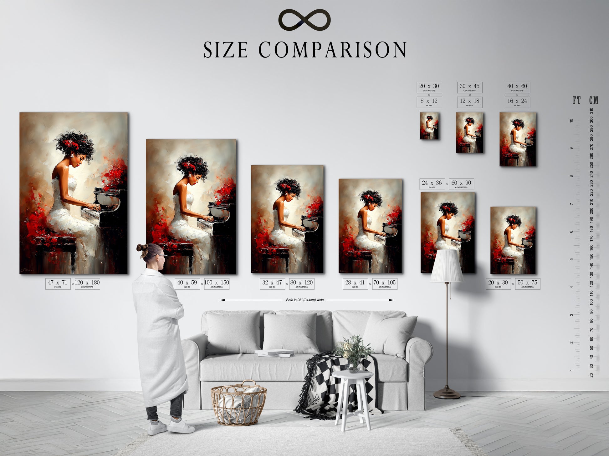 Size comparison chart displayed in an interior setting. The chart helps visualize artwork dimensions. It aids in selecting the perfect size for your space. See how different sizes look on your wall. This chart ensures a perfect fit and balanced aesthetic. Make informed decisions with this helpful tool.