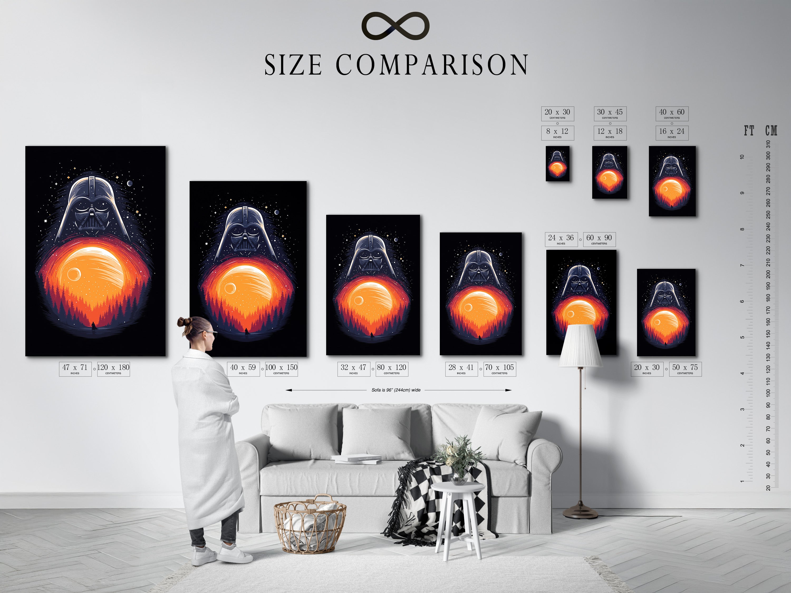 This image shows a size comparison chart in an interior setting. See how the Darth Vader canvas print fits in your space. Choose the perfect size for your sci-fi wall art needs. Enhance your man cave or bedroom decor.
