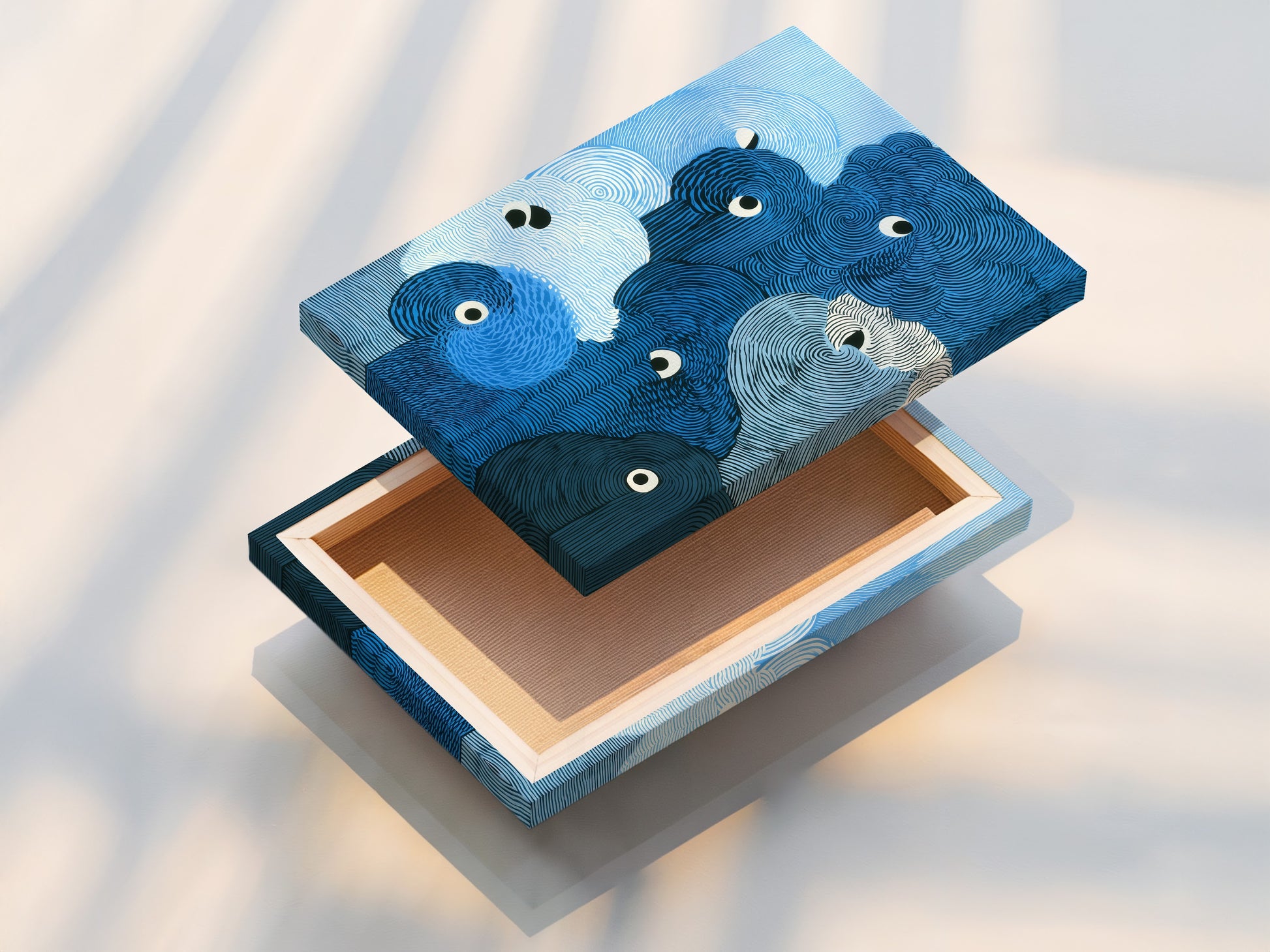 A stretched canvas print displays the abstract wave artwork. The blue ocean print wraps around the frame. The modern swirl art is ready to hang. This offers a clean and contemporary look. This canvas is perfect for adding a splash of color. Enhance any living space.