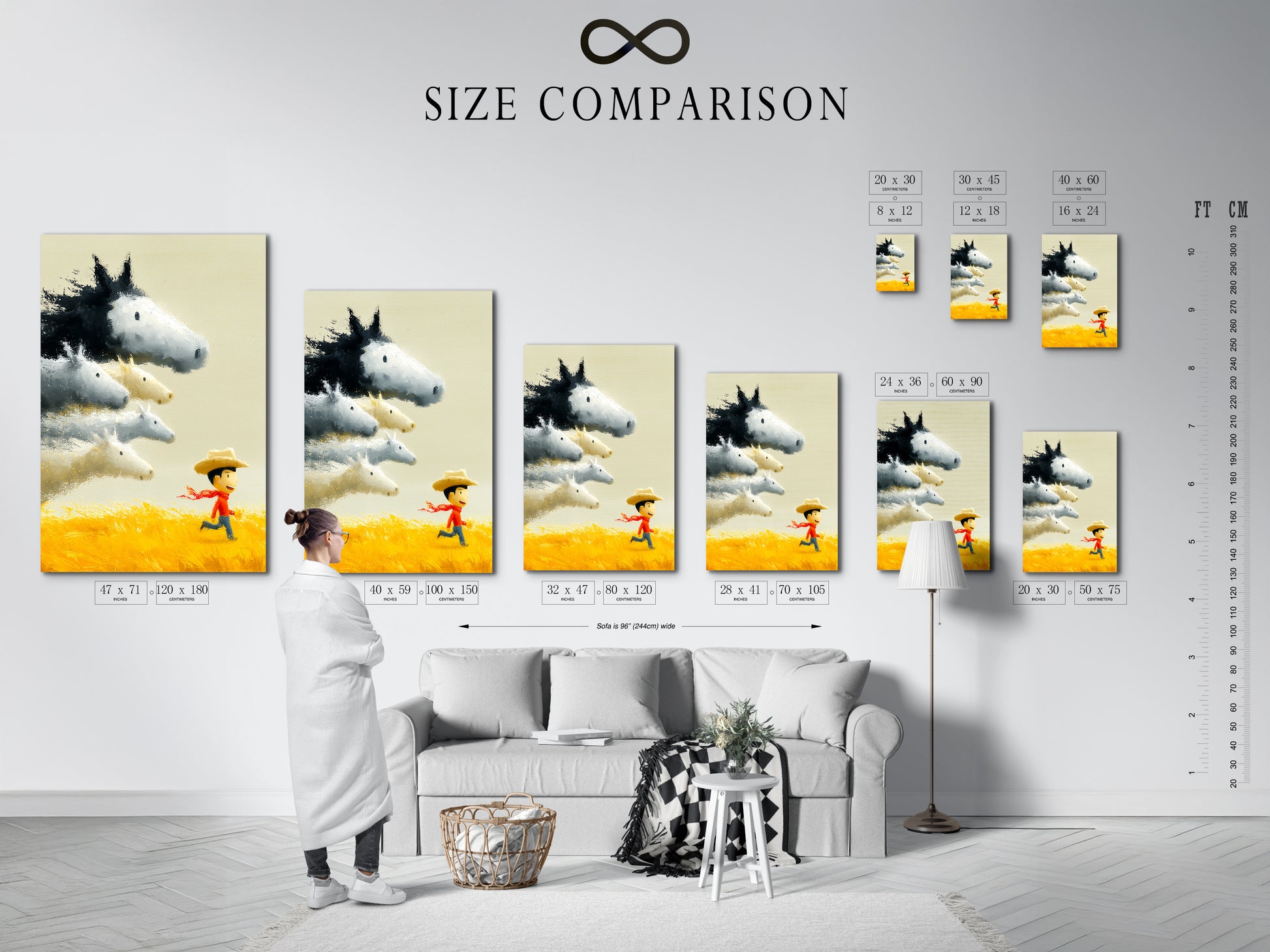 This artwork is a size comparison chart in an interior. The chart shows the different sizes available. See how each size fits in a room. Find the perfect size for your space.