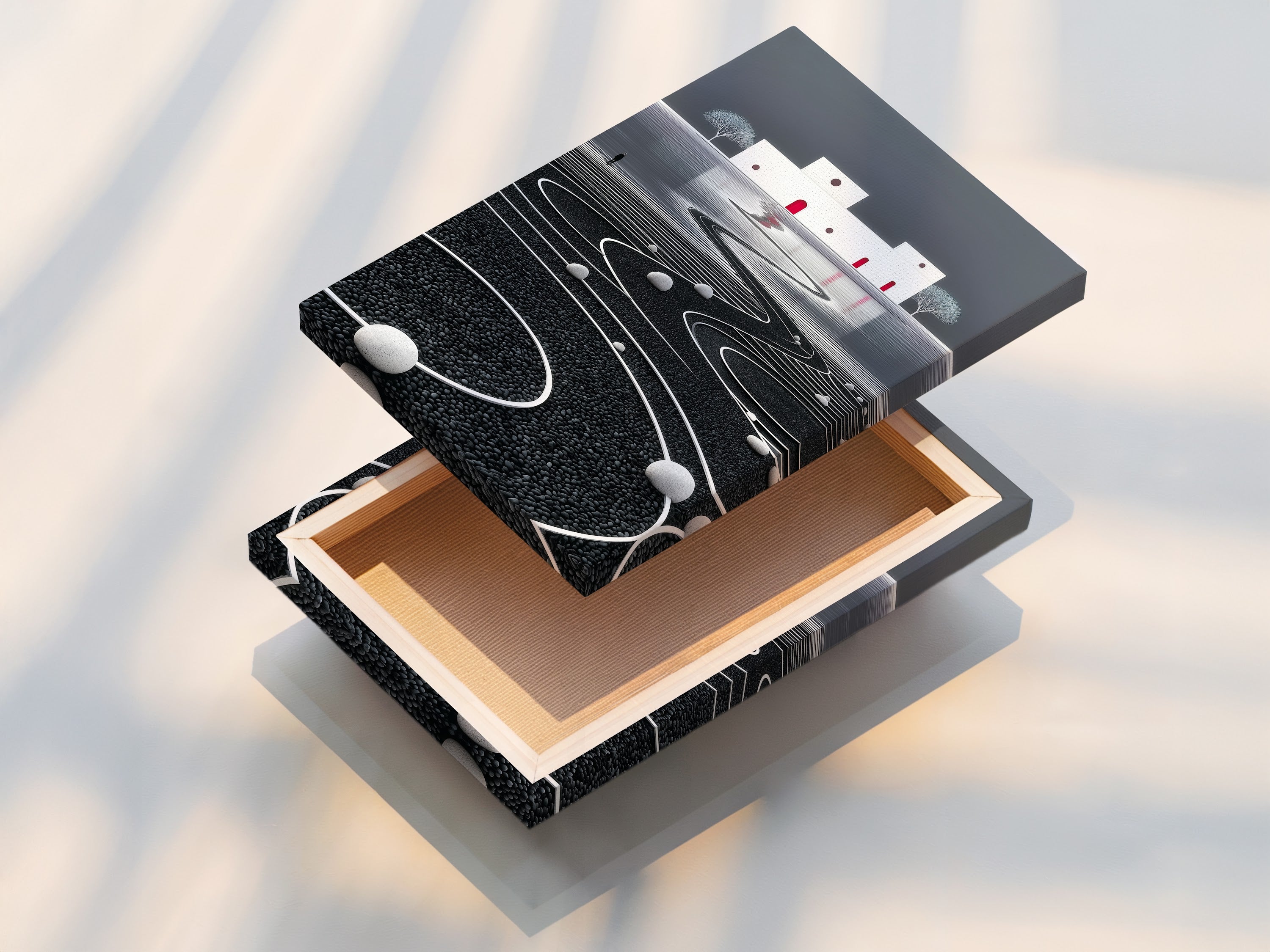 This is a stretched canvas print showcasing a surreal landscape. The monochrome art is ready to hang. It provides modern minimalist art for any room. It is ideal for creating a zen space in your home or office.