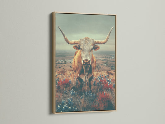 The Highland Cow art is displayed in an oak frame. This farm animal print adds a rustic touch to any room. Consider this country decor for your home. The vintage landscape is both timeless and charming.