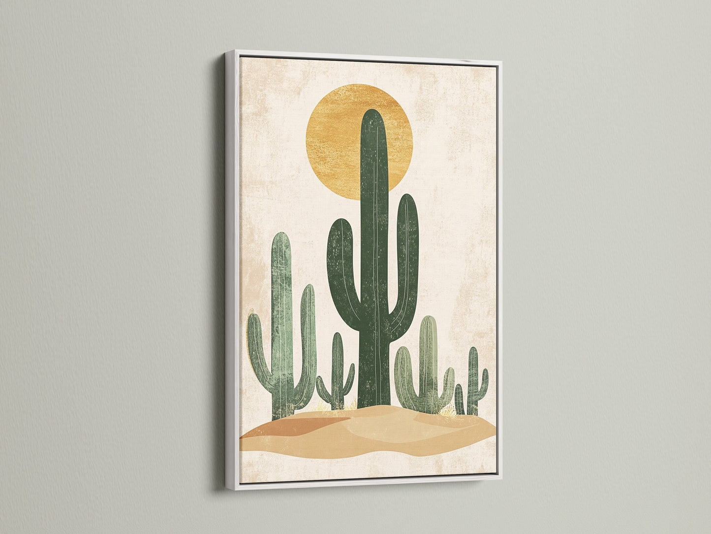 This desert themed artwork is showcased in a white floating frame. The bright white frame enhances the artwork. The clean frame creates a modern look for this cactus art. This frame option is great for minimalist interiors. Purchase this fine art print in a white floating frame today.