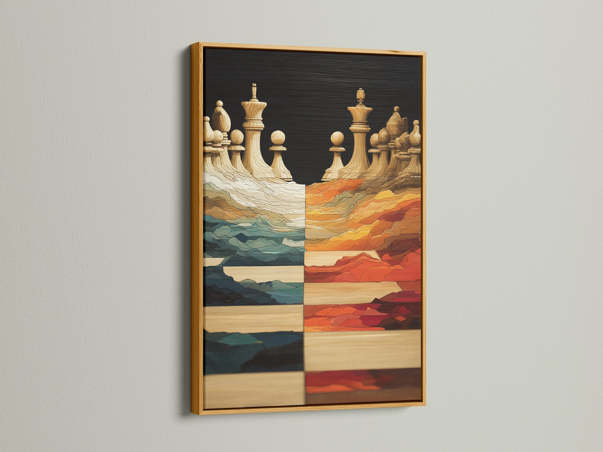 Gold frame adds elegance to the chess art. The board game artwork shines. Teal and orange hues are enhanced. This contemporary print is a luxurious addition to any space.
