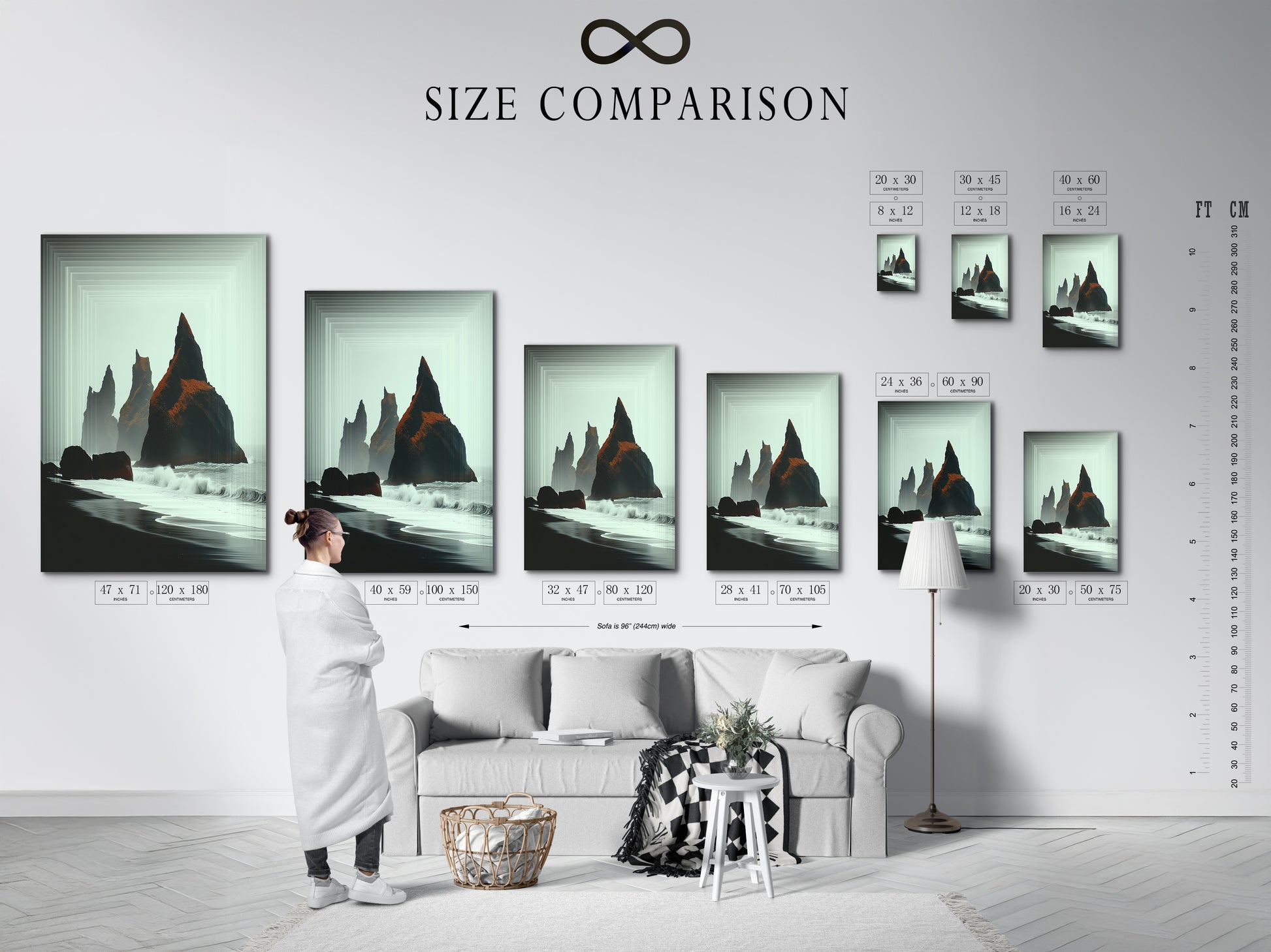 Size comparison chart in interior showcasing Iceland Black Sand Beach artwork. See how this minimalist print fits in your space. Perfect for living room bedroom or office wall art. Transform your home with this coastal art.