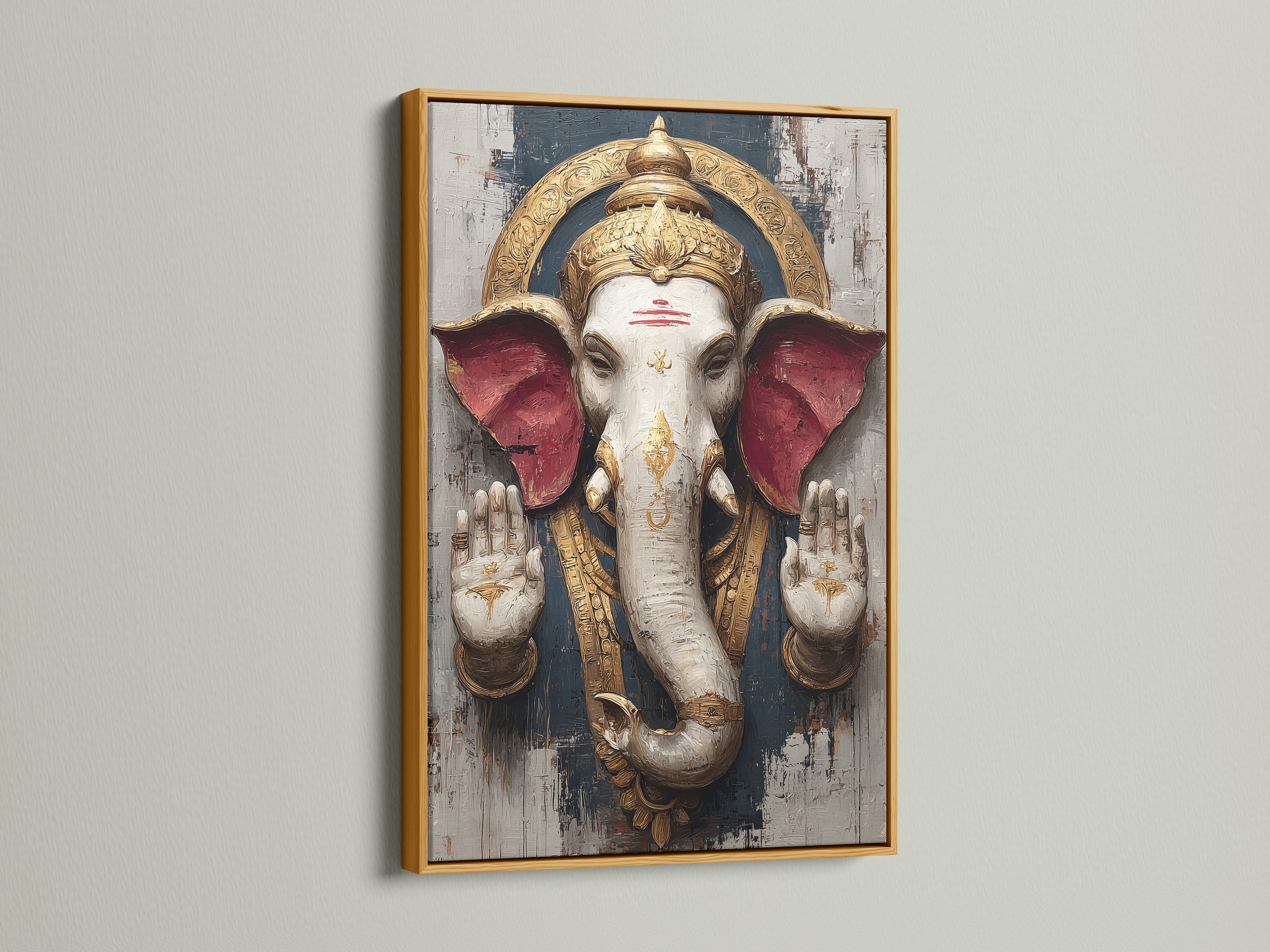 Ganesha Wall Art is radiant in a gold frame. This Hindu Elephant God canvas print provides spiritual wall art. It is perfect bohemian decor for a meditation room. Elevate your yoga studio with this religious artwork.