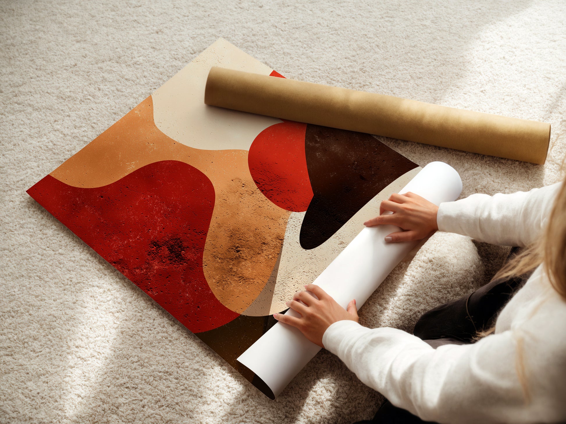 Woman carefully rolling a fine art poster paper. The fine art poster paper is high-quality. It ensures vibrant colors and detail. Preserving the artwork is key. It protects it from damage. Ideal for art collectors and enthusiasts. Get ready to display your art.