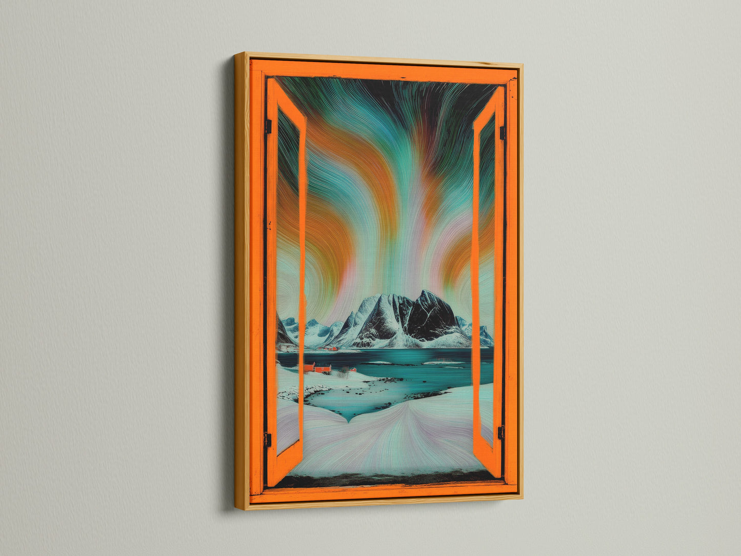 A gold frame highlights Aurora Borealis artwork. This Nordic landscape wall art showcases an open window view. Teal and orange tones enhance the winter landscape. The frame adds elegance to this modern home art piece.