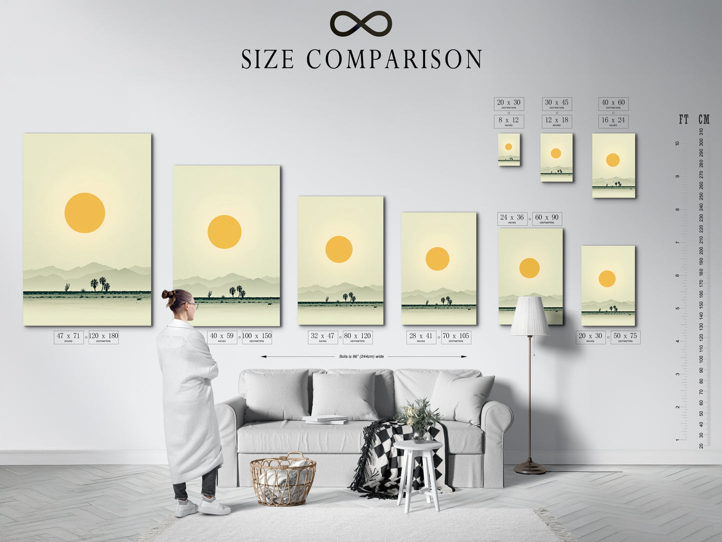A size comparison chart is displayed in an interior setting. This chart helps visualize the dimensions of the artwork. See how the desert landscape canvas print fits in your space. The warm earth tones complement any decor. It is minimalist wall art.