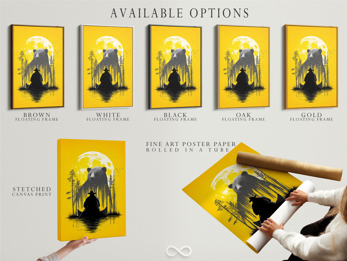 This display showcases the available options. The options are a stretched canvas print fine art poster paper and a floating frame. You can select the perfect format for the Bear and Canoe artwork. Customize your art to match your personal style. Enhance your home with adventure art.