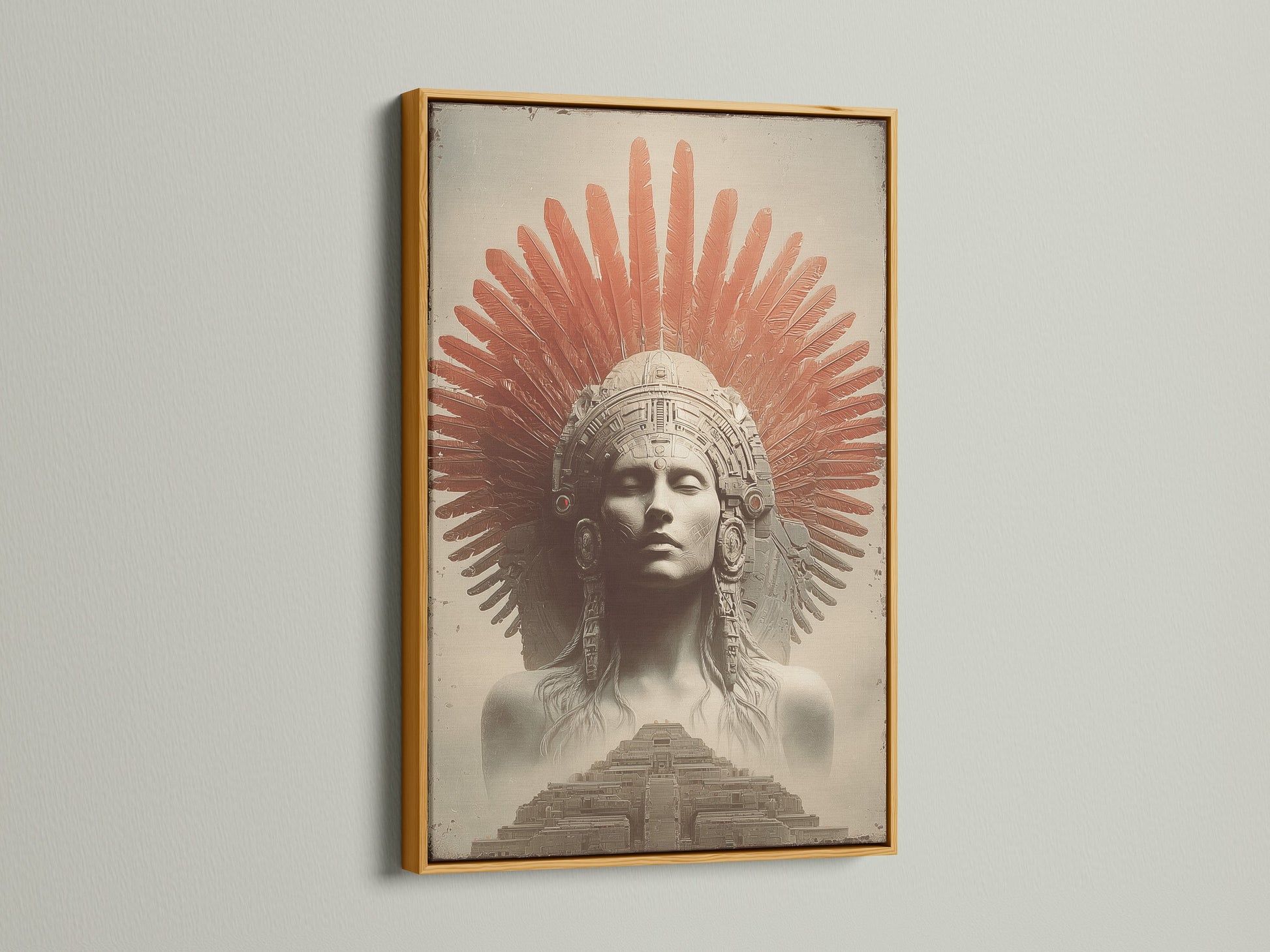 A luxurious gold frame art piece exudes opulence. The artwork presents an indigenous person with red feathers and a temple. It brings a touch of glamour to any space. Browse our collection of gold framed art. Elevate your art with a touch of elegance.