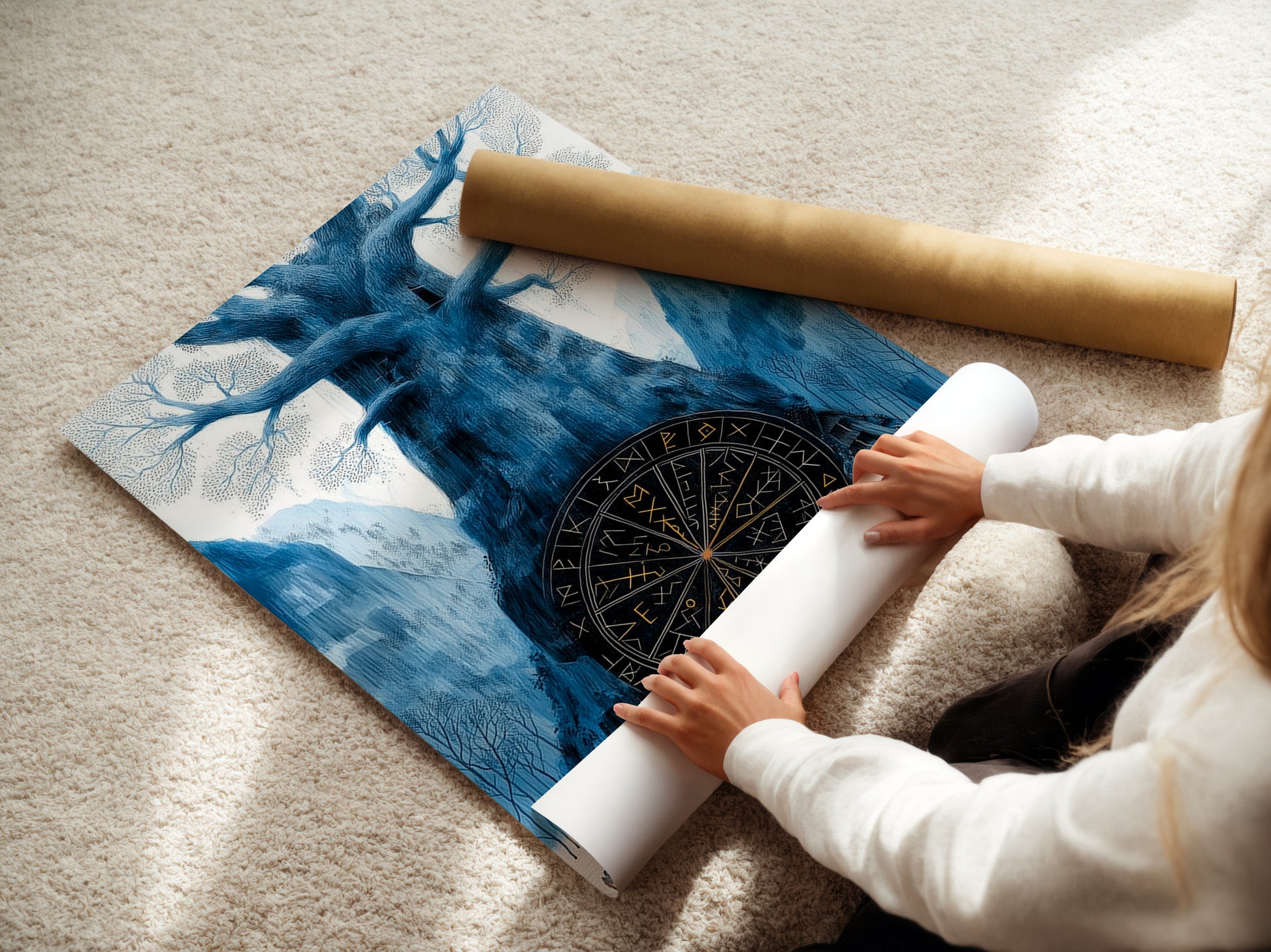 A woman carefully rolls a fine art poster paper featuring the Yggdrasil artwork. This Norse Mythology Wall Art is perfect for adding a touch of Scandinavian art to your space. The fine art poster paper ensures high quality print. It's great for framing or displaying as is in your study room decor.