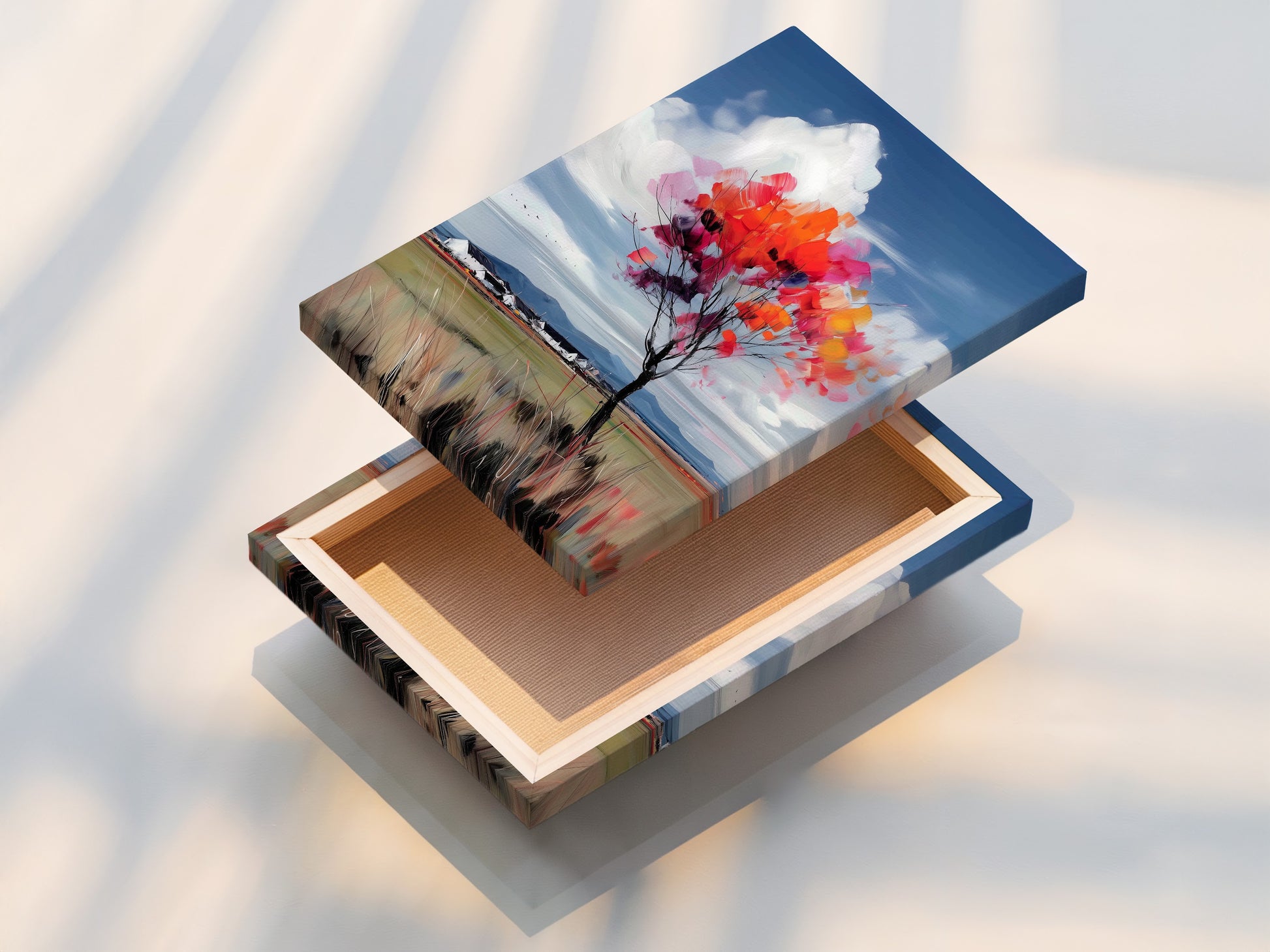 This stretched canvas print features a colorful autumn tree artwork. The fall foliage print brings a vibrant landscape to life. Perfect for adding a touch of nature to your living room or office. The stretched canvas ensures a gallery-quality display. The vibrant colors enhance any space.