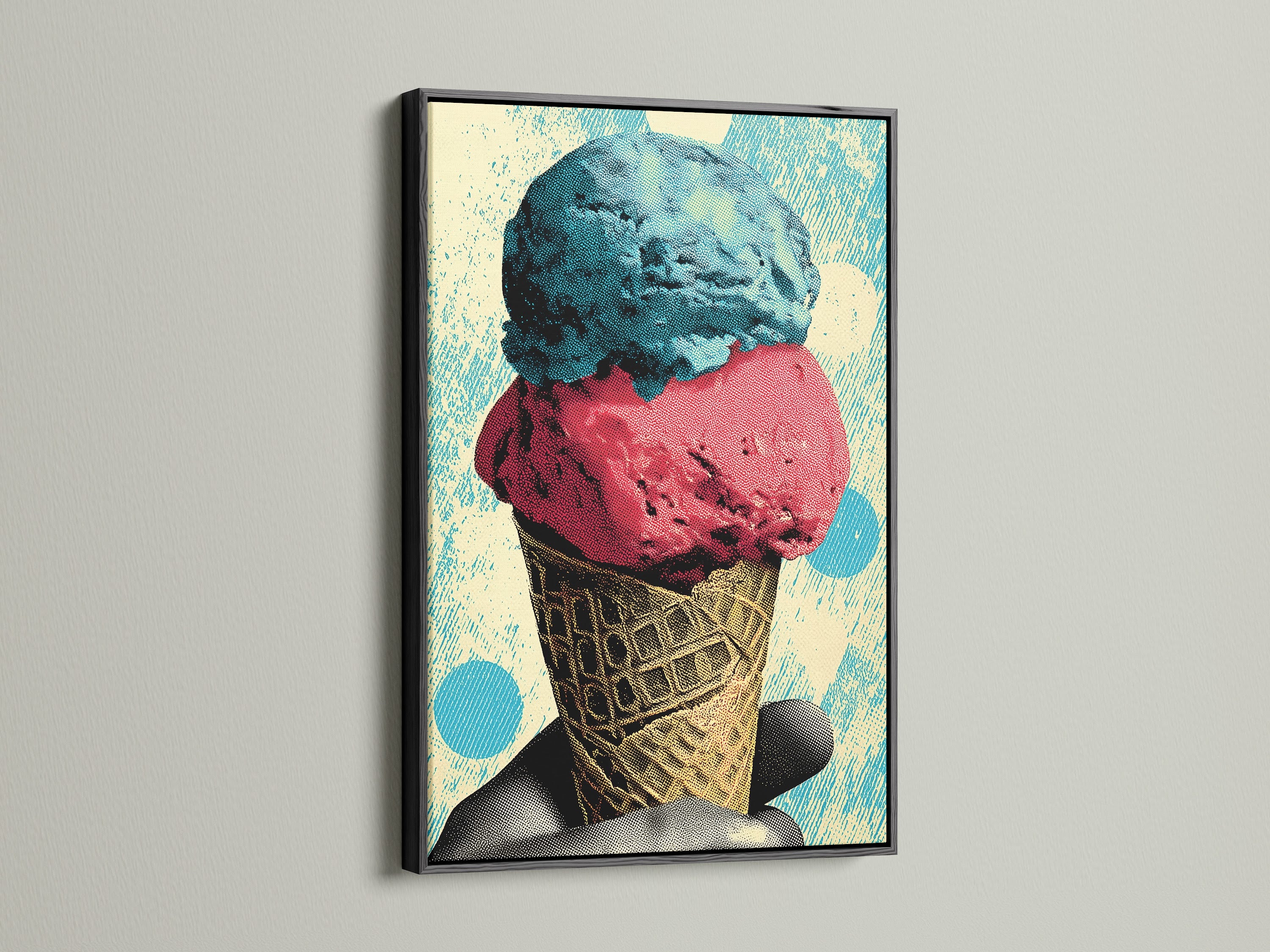 This ice cream art is displayed in a sleek black frame. The black frame adds a touch of sophistication and contrast. The artwork becomes a focal point with this bold choice. Ideal for contemporary spaces.