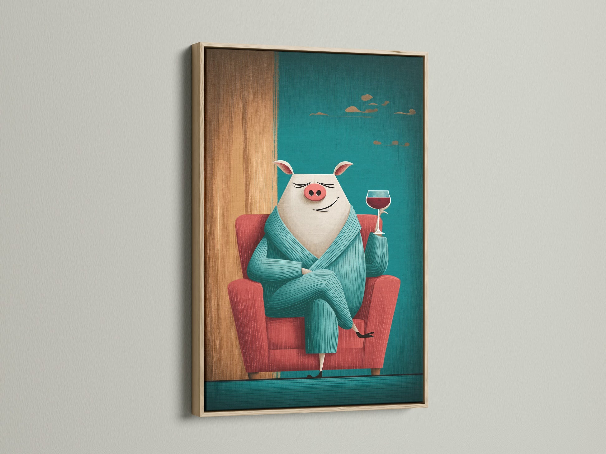 A charming oak frame enhances this pig art print. This funny animal wall art features a pig with wine. It is ideal as kitchen wall decor. The oak frame adds warmth. This whimsical animal artwork will brighten any space. Consider this pig canvas art.