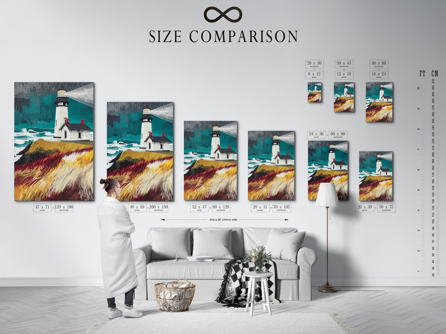 A size comparison chart is displayed in an interior setting. It shows the various sizes available for the lighthouse coastal artwork. This nautical seascape print can be customized to fit any space. Use this chart to visualize the perfect fit for your living room or office. Choose the ideal size for your ocean wall art today.