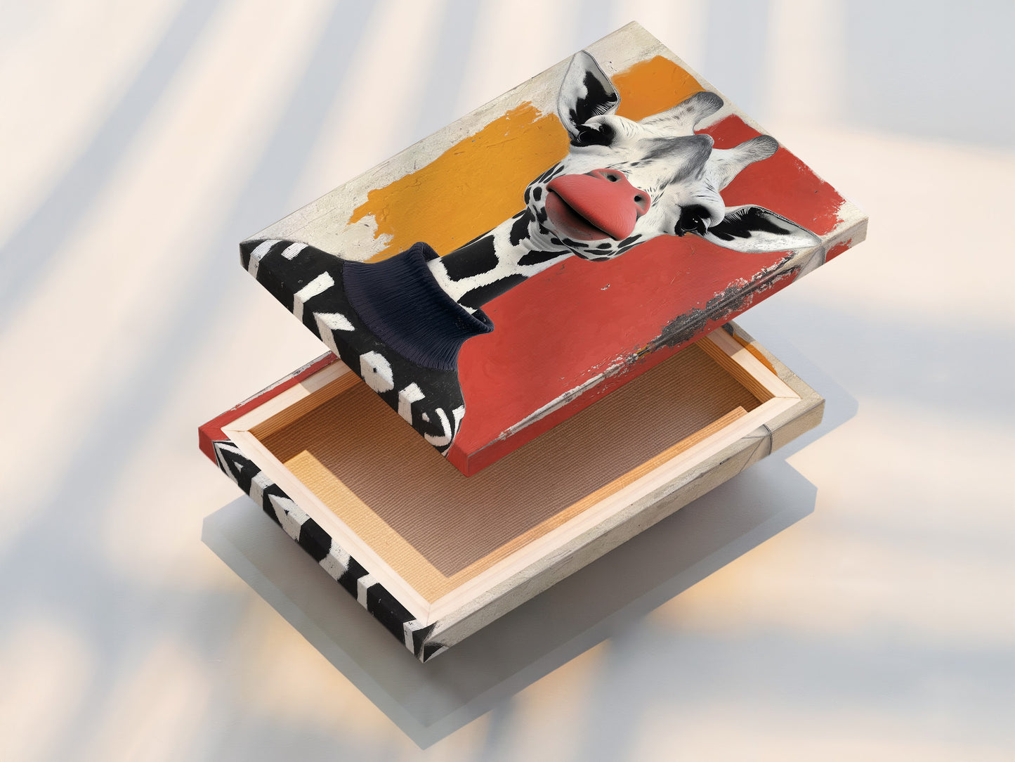 A stretched canvas print of the Giraffe Portrait artwork is shown. The quirky wildlife art is perfect for kids room decor. The modern animal art has a coral orange background. Stretched canvas prints offer a gallery-ready look. It makes the animal canvas print a great wall art choice.